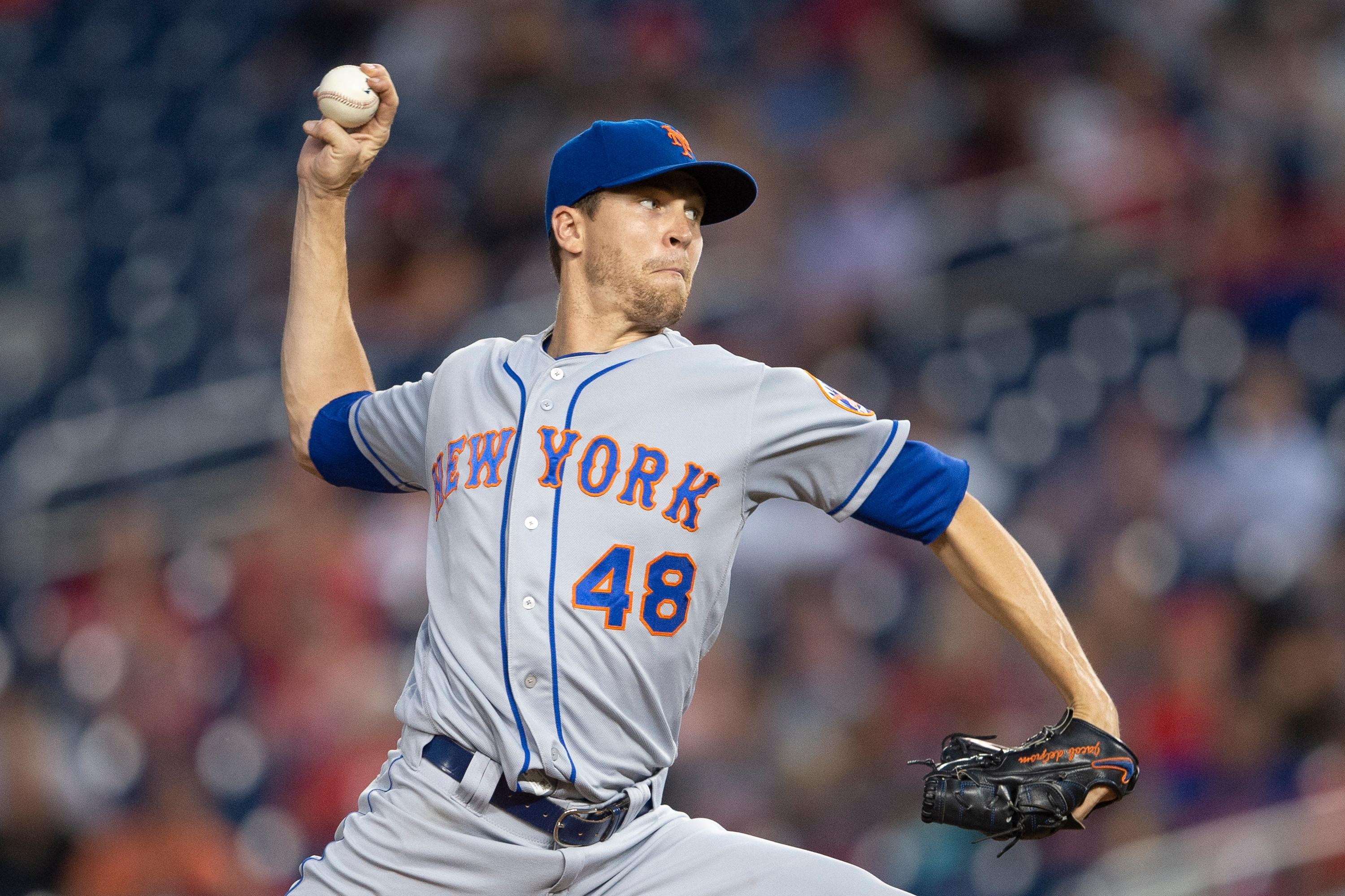 Sep 3, 2019; Washington, DC, USA; New York Mets starting pitcher Jacob deGrom (48) delivers a pitch during the second inning against the Washington Nationals at Nationals Park. Mandatory Credit: Tommy Gilligan-USA TODAY Sports