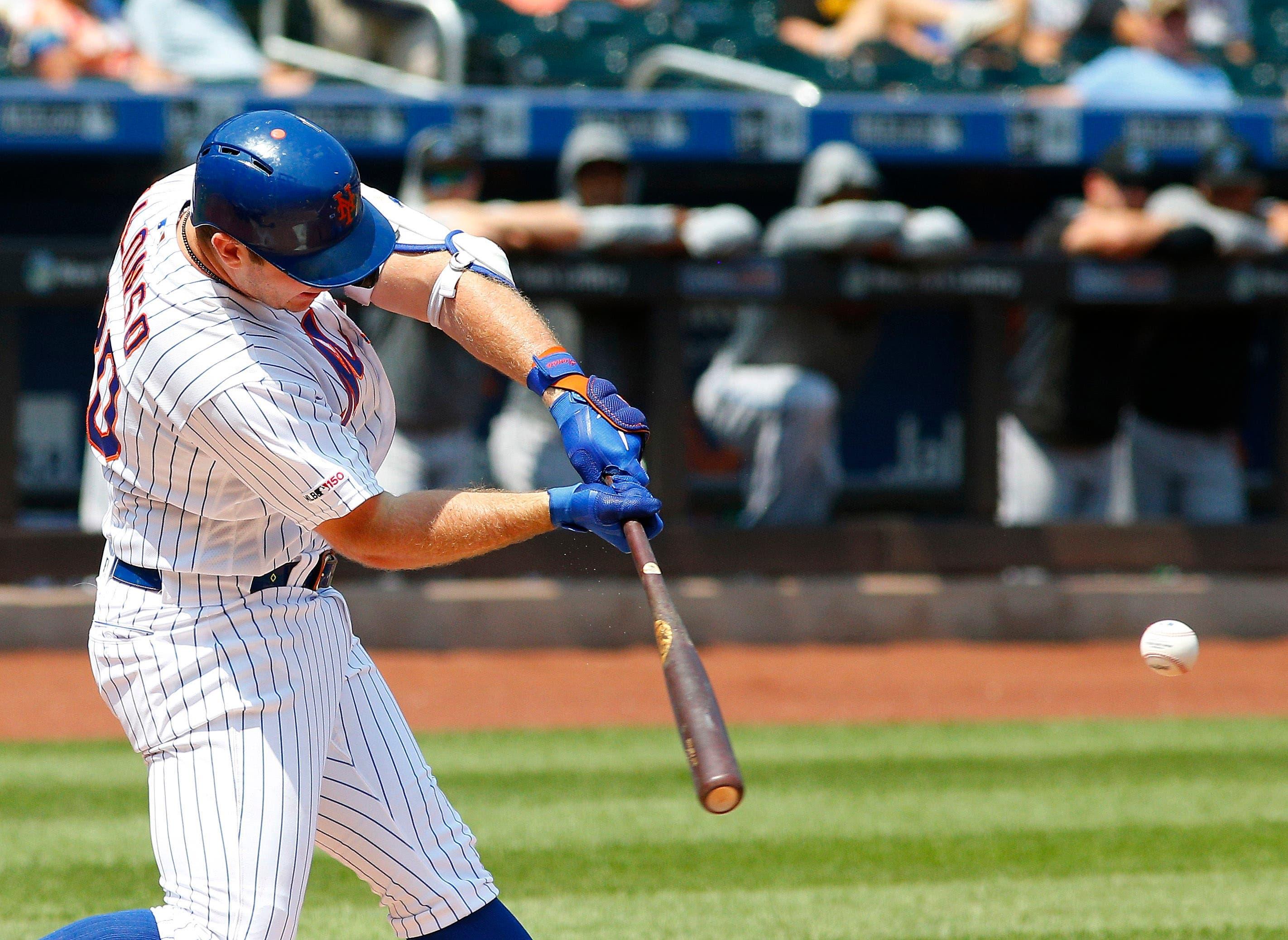 Aug 7, 2019; New York City, NY, USA; New York Mets first baseman Pete Alonso (20) hits a solo home run against the Miami Marlins during the first inning at Citi Field. Mandatory Credit: Andy Marlin-USA TODAY Sports / Andy Marlin