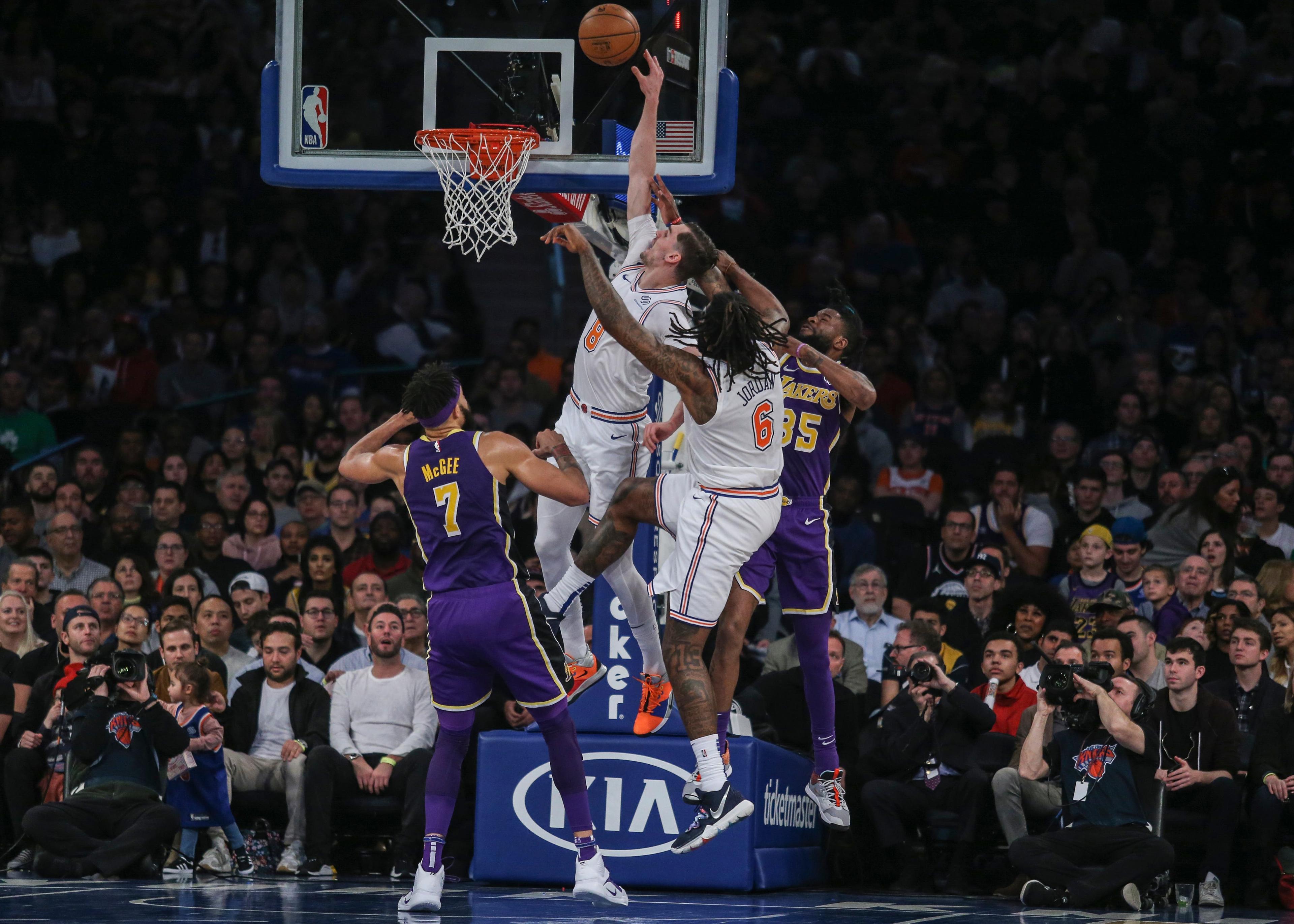 New York Knicks forward Mario Hezonja goes up for an alley oop dunk in the first quarter against the Los Angeles Lakers at Madison Square Garden. / Wendell Cruz/USA TODAY Sports