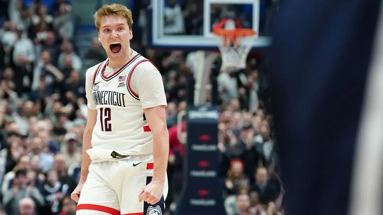 UConn Huskies guard Cam Spencer (12) reacts after a play against the Butler Bulldogs in the first half at XL Center. / David Butler II-USA TODAY Sports