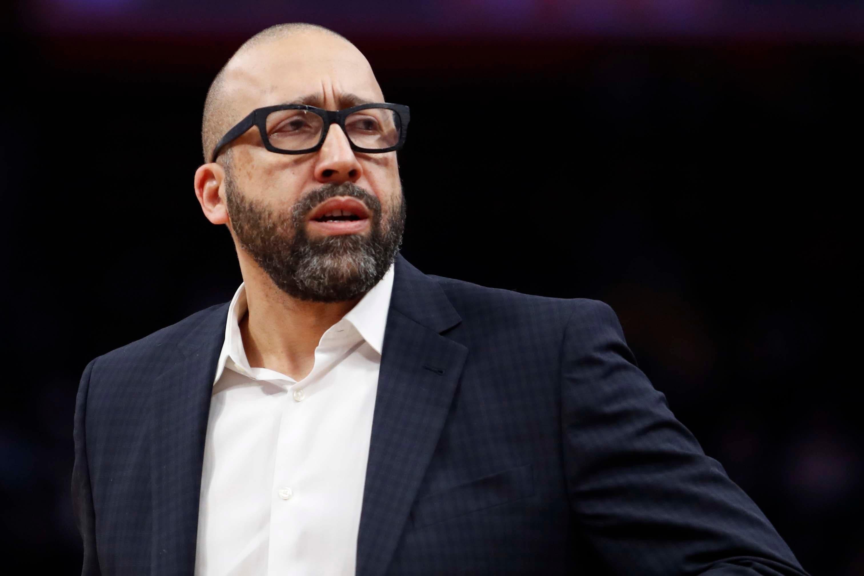 New York Knicks head coach David Fizdale looks to his left during the first quarter against the Detroit Pistons at Little Caesars Arena. / Raj Mehta/USA TODAY Sports