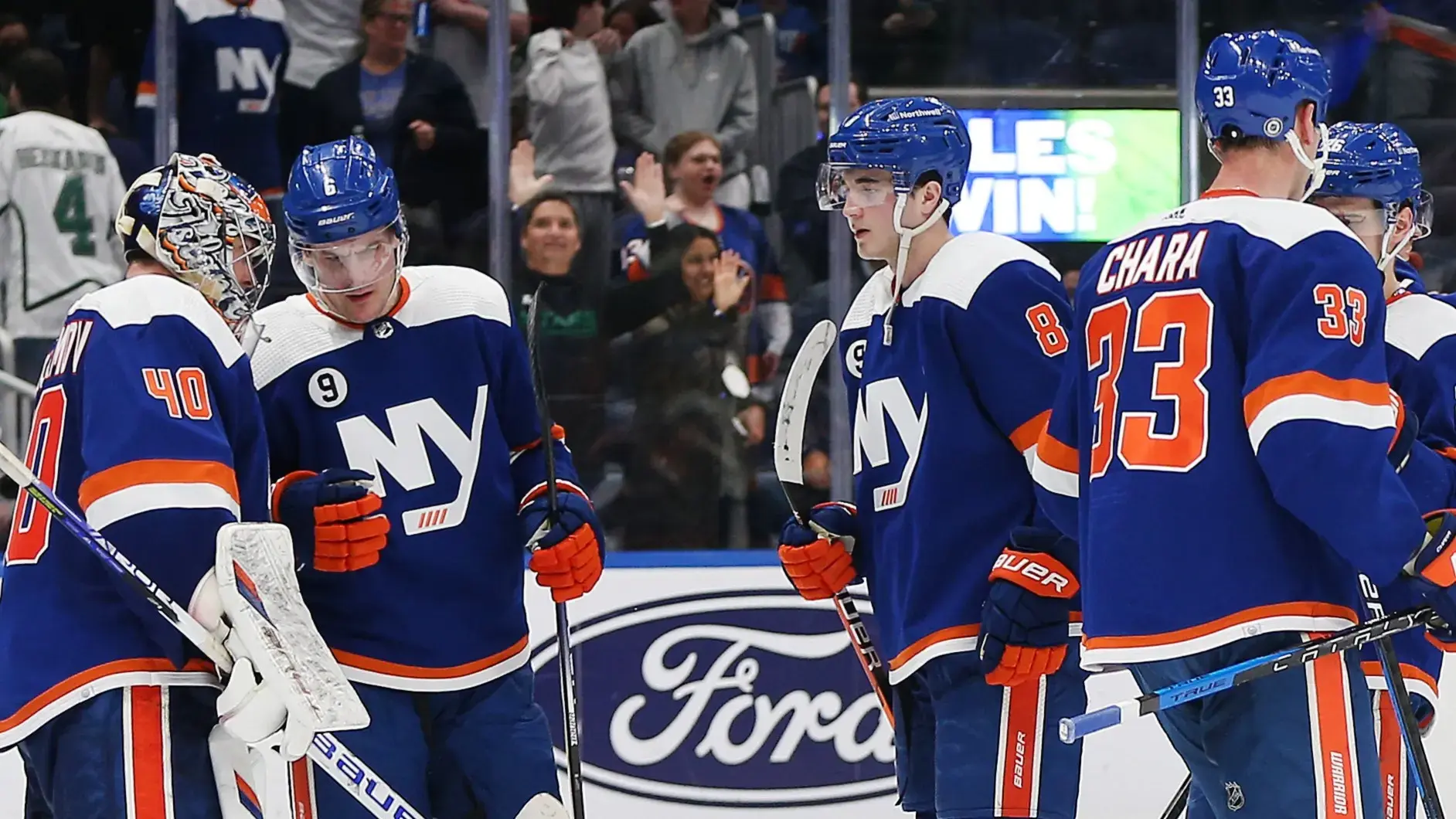 Mar 19, 2022; Elmont, New York, USA; The New York Islanders react after defeating the Dallas Stars at UBS Arena. / Andy Marlin-USA TODAY Sports