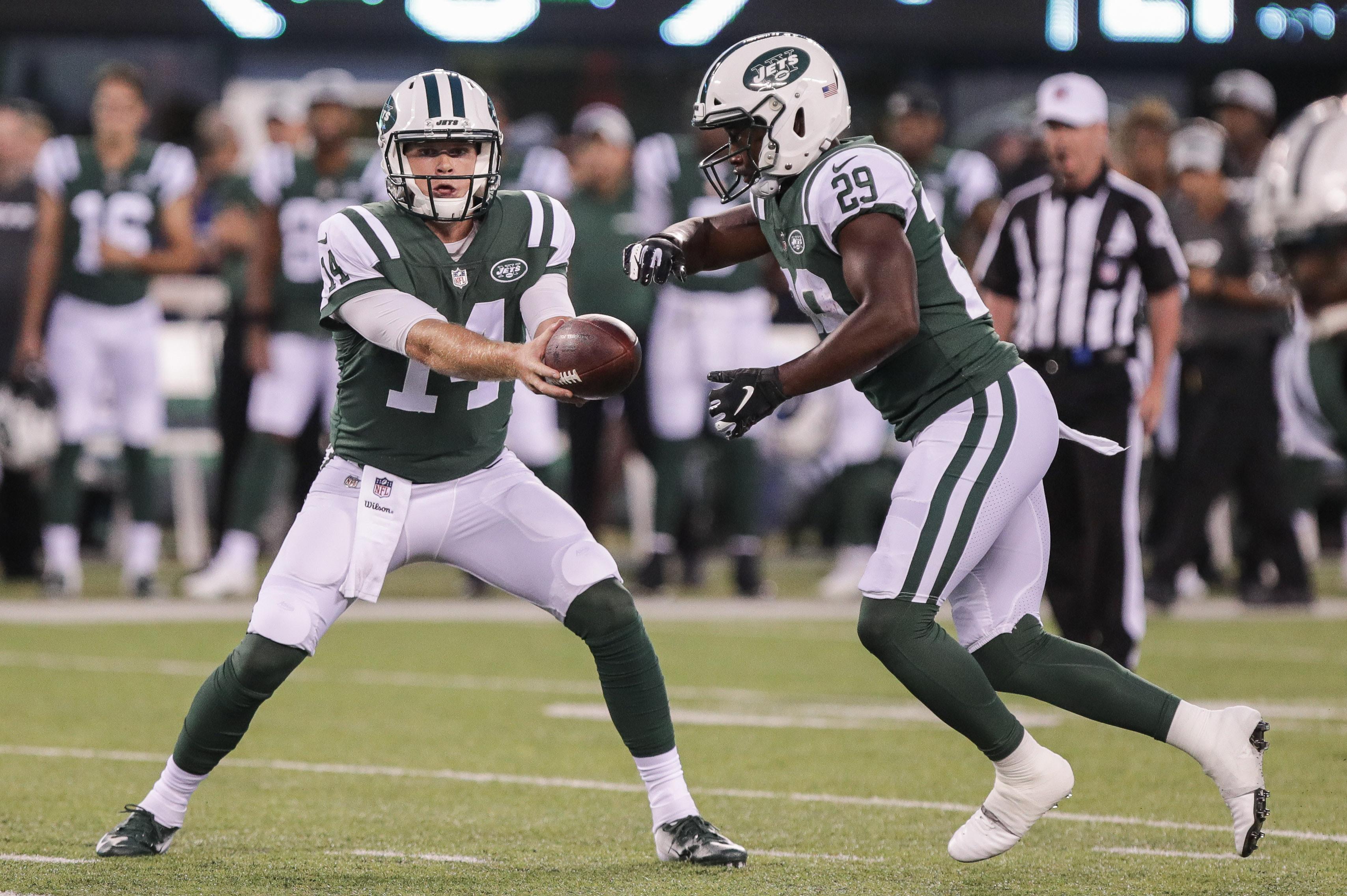 Aug 24, 2018; East Rutherford, NJ, USA; New York Jets quarterback Sam Darnold (14) hands off to running back Bilal Powell (29) during the first half against the New York Giants at MetLife Stadium. Mandatory Credit: Vincent Carchietta-USA TODAY Sports