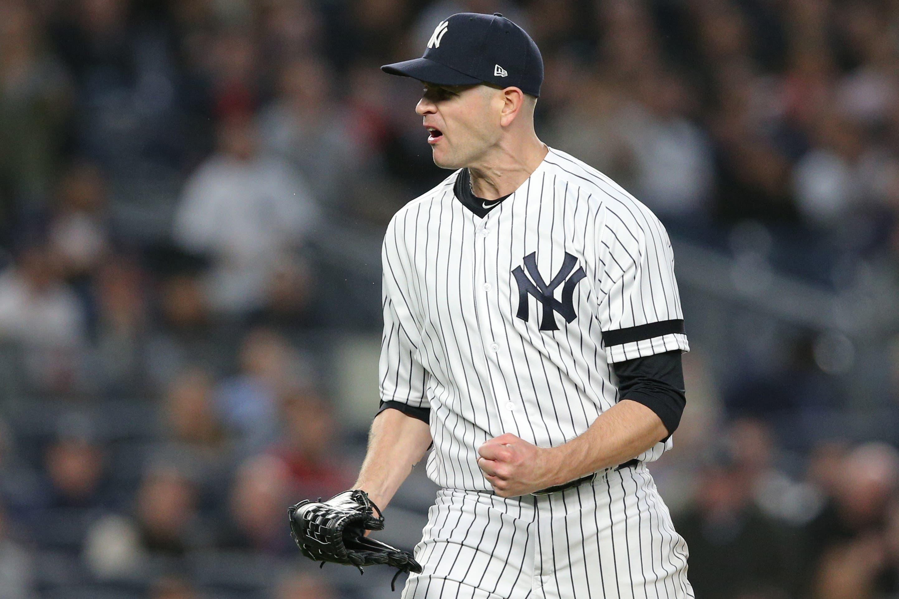 Apr 16, 2019; Bronx, NY, USA; New York Yankees starting pitcher James Paxton (65) reacts during the fourth inning against the Boston Red Sox at Yankee Stadium. Mandatory Credit: Brad Penner-USA TODAY Sports / Brad Penner