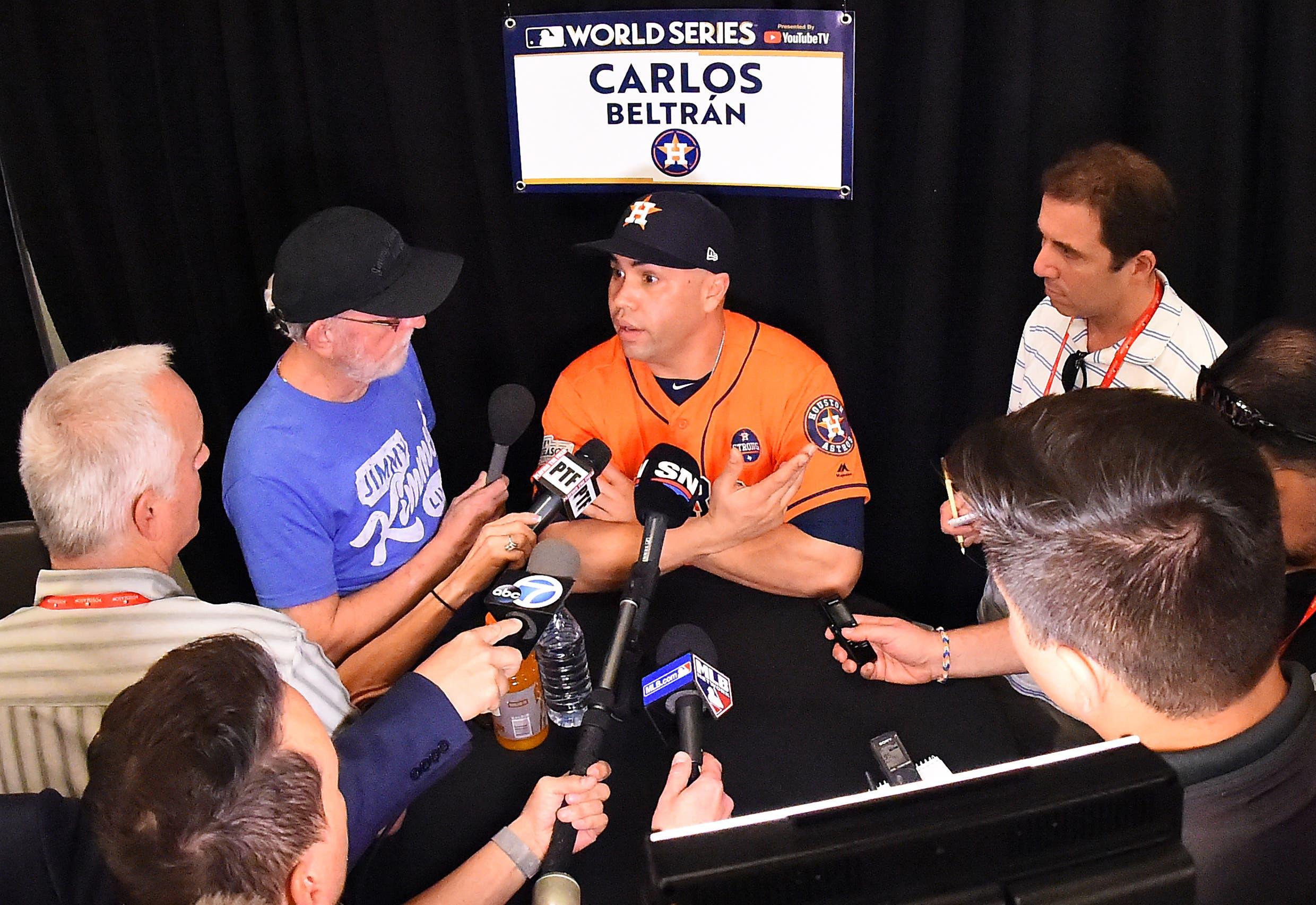 Oct 23, 2017; Los Angeles, CA, USA; Houston Astros designated hitter Carlos Beltran (15) is interviewed by the media one day prior to game one of the World Series against the Los Angeles Dodgers at Dodger Stadium. Mandatory Credit: Jayne Kamin-Oncea-USA TODAY Sports / Jayne Kamin-Oncea