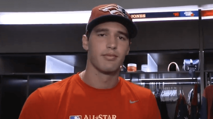 Yankees prospect Spencer Jones in the clubhouse before the 2024 MLB All-Star Futures Game at Globe Life Field in Arlington, Texas, July 13, 2024..