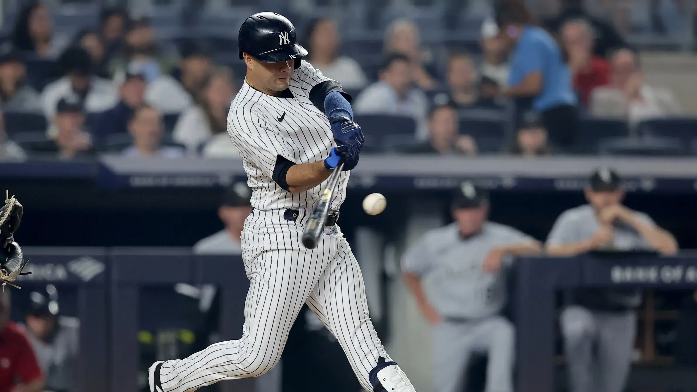 Jun 6, 2023; Bronx, New York, USA; New York Yankees center fielder Isiah Kiner-Falefa (12) hits an RBI double against the Chicago White Sox during the seventh inning at Yankee Stadium. / Brad Penner-USA TODAY Sports