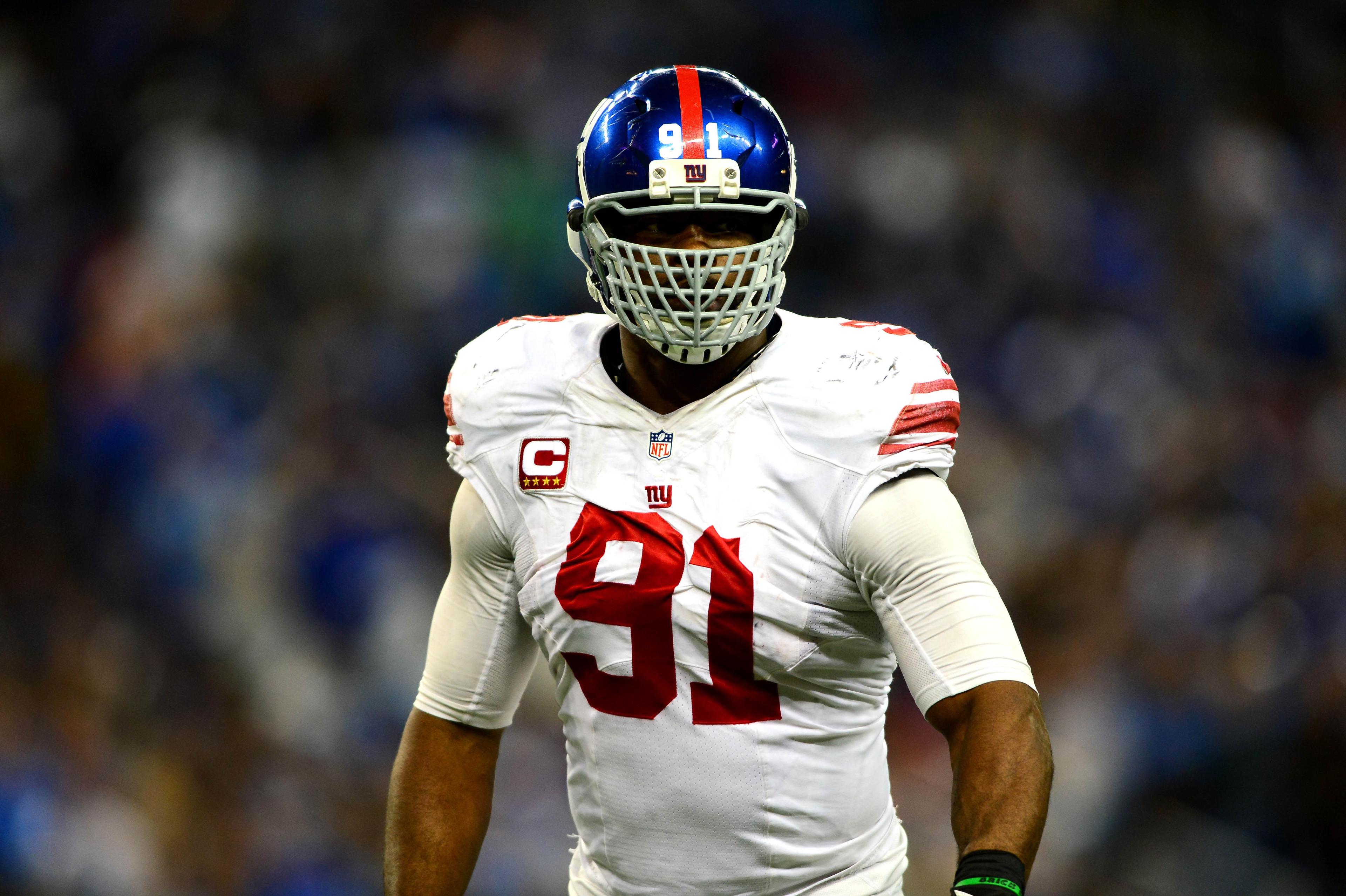 New York Giants defensive end Justin Tuck against the Detroit Lions at Ford Field. / Andrew Weber/USA Today Sports Images