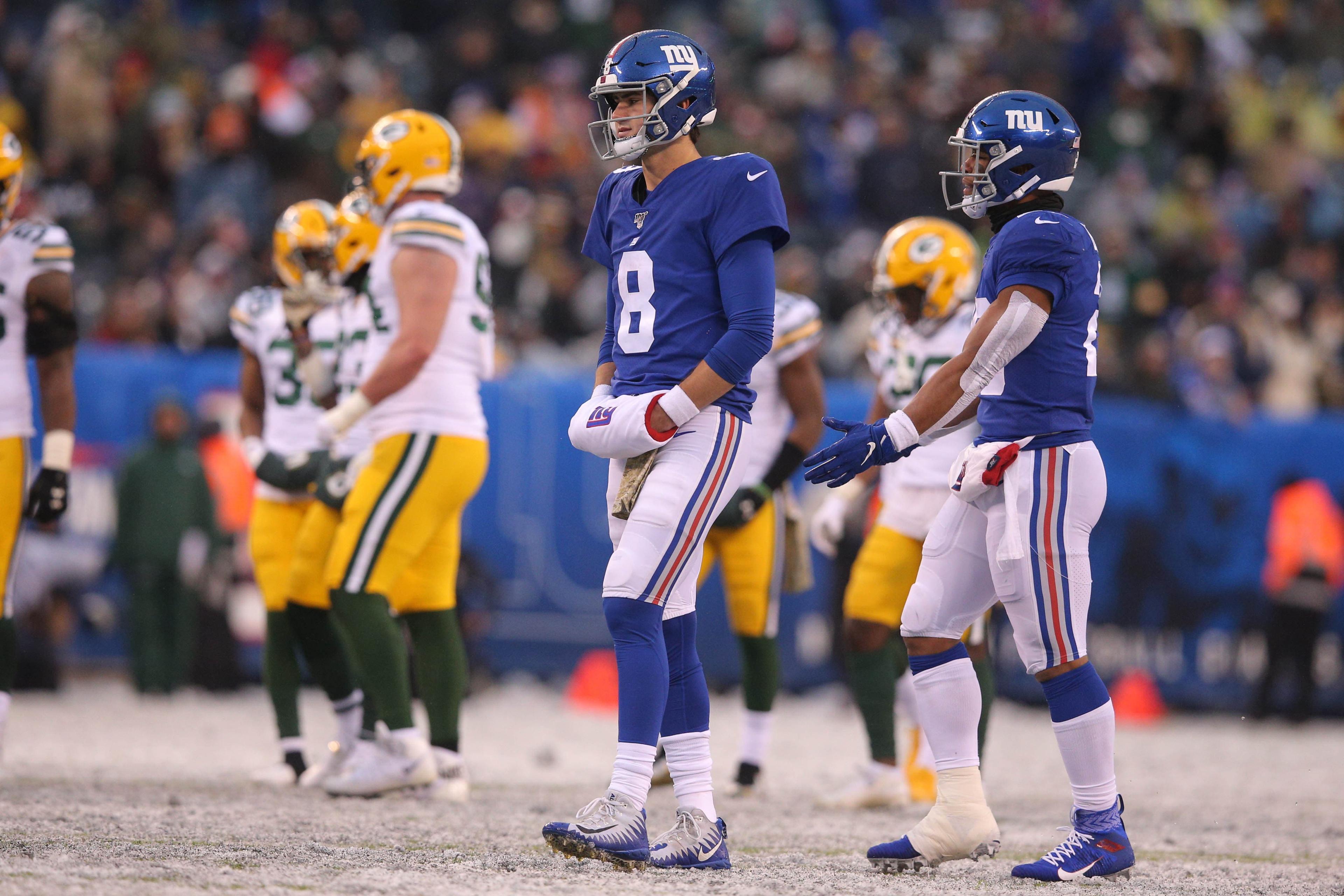 Dec 1, 2019; East Rutherford, NJ, USA; New York Giants quarterback Daniel Jones (8) reacts during the third quarter against the Green Bay Packers at MetLife Stadium. Mandatory Credit: Brad Penner-USA TODAY Sports / Brad Penner