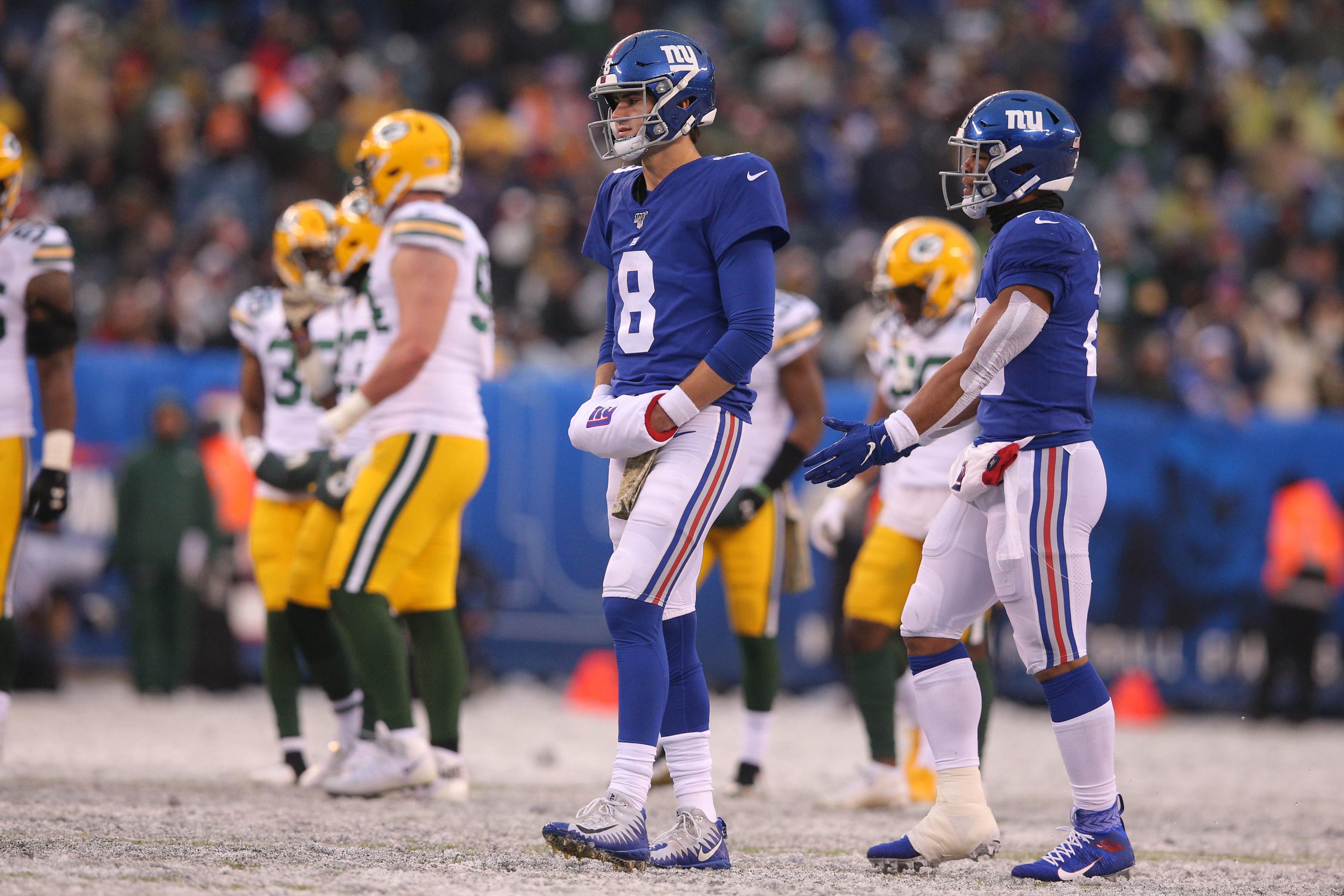 Dec 1, 2019; East Rutherford, NJ, USA; New York Giants quarterback Daniel Jones (8) reacts during the third quarter against the Green Bay Packers at MetLife Stadium. Mandatory Credit: Brad Penner-USA TODAY Sports