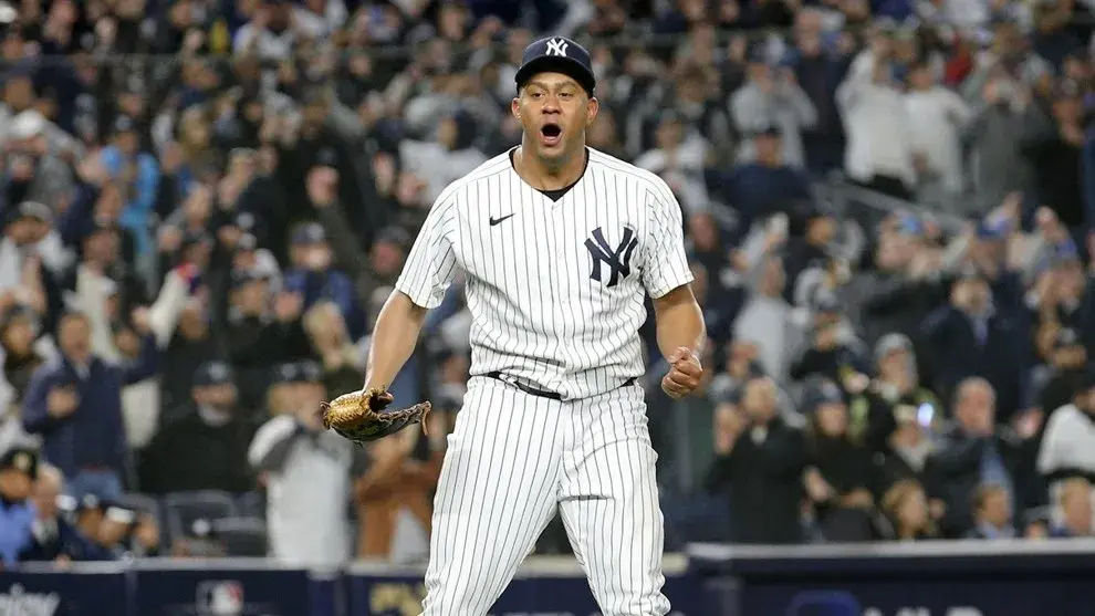 Oct 18, 2022; Bronx, New York, USA; New York Yankees relief pitcher Wandy Peralta (58) reacts after the final out of the game against the Cleveland Guardians during the ninth inning in game five of the ALDS for the 2022 MLB Playoffs at Yankee Stadium. / Brad Penner-USA TODAY Sports
