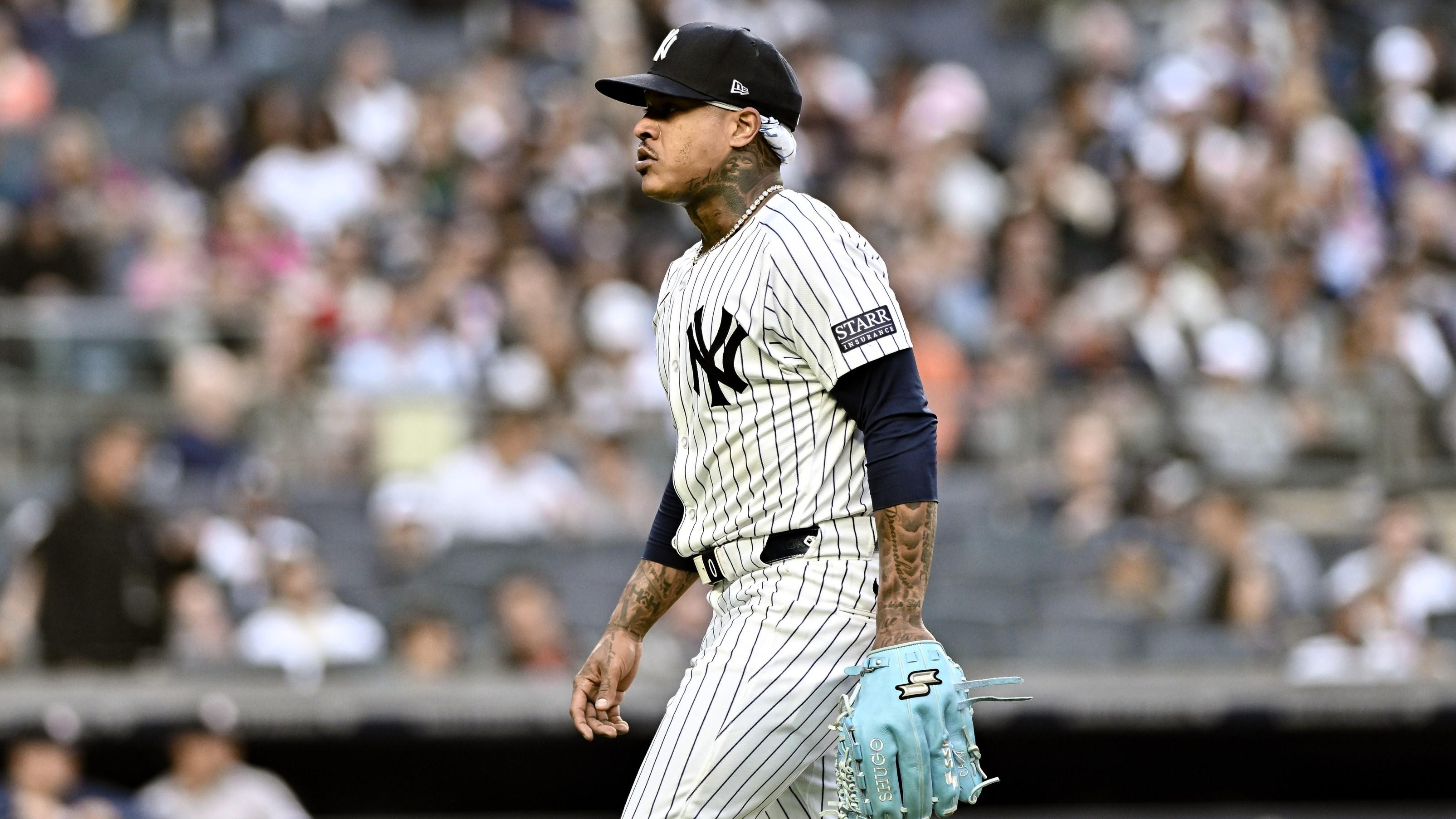 May 9, 2024; Bronx, New York, USA; New York Yankees pitcher Marcus Stroman (0) exits the game against the Houston Astros during the sixth inning at Yankee Stadium. / John Jones-USA TODAY Sports