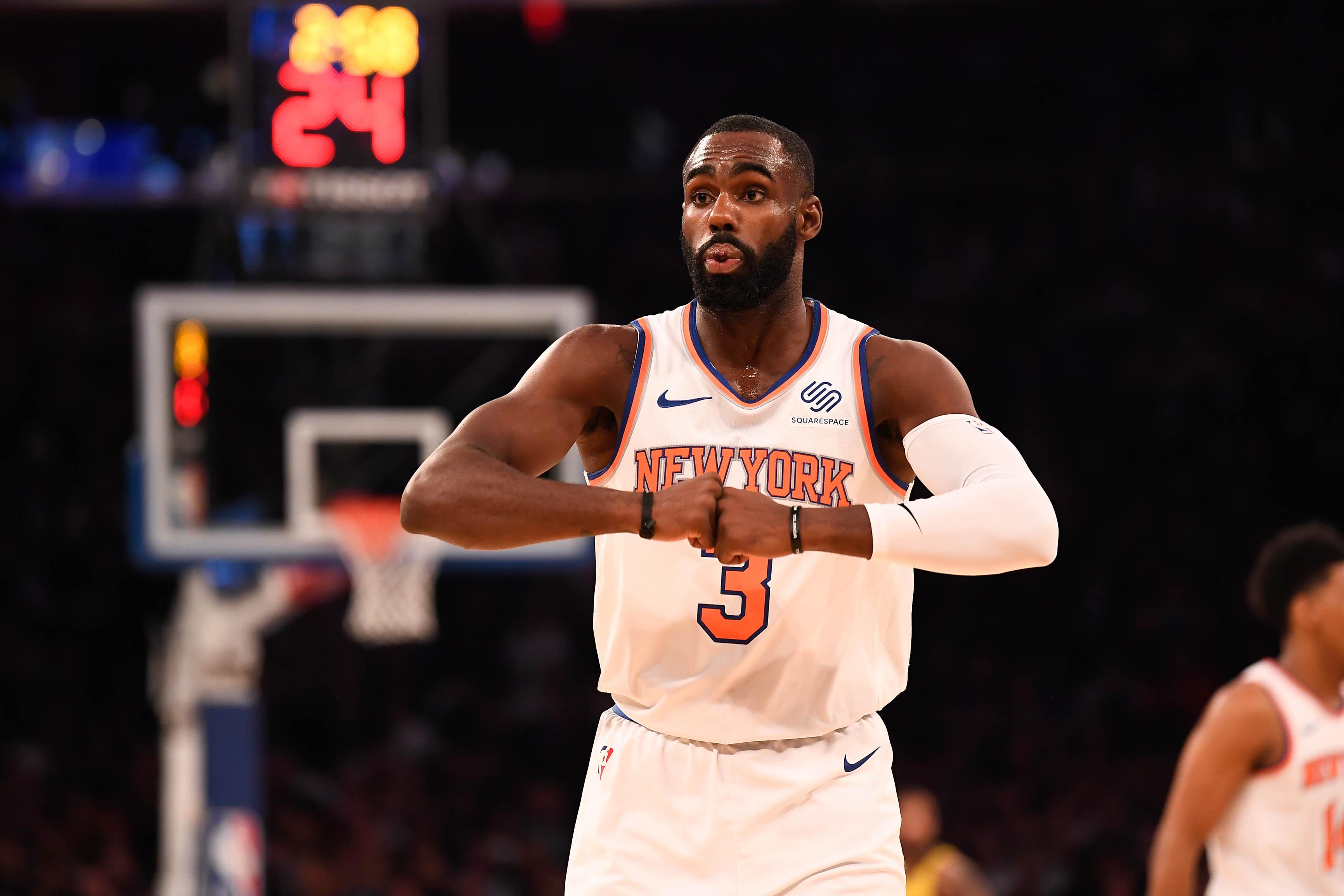 Oct 31, 2018; New York, NY, USA; New York Knicks guard Tim Hardaway Jr. (3) reacts during the first quarter against the Indiana Pacers at Madison Square Garden. Mandatory Credit: Catalina Fragoso-USA TODAY Sports