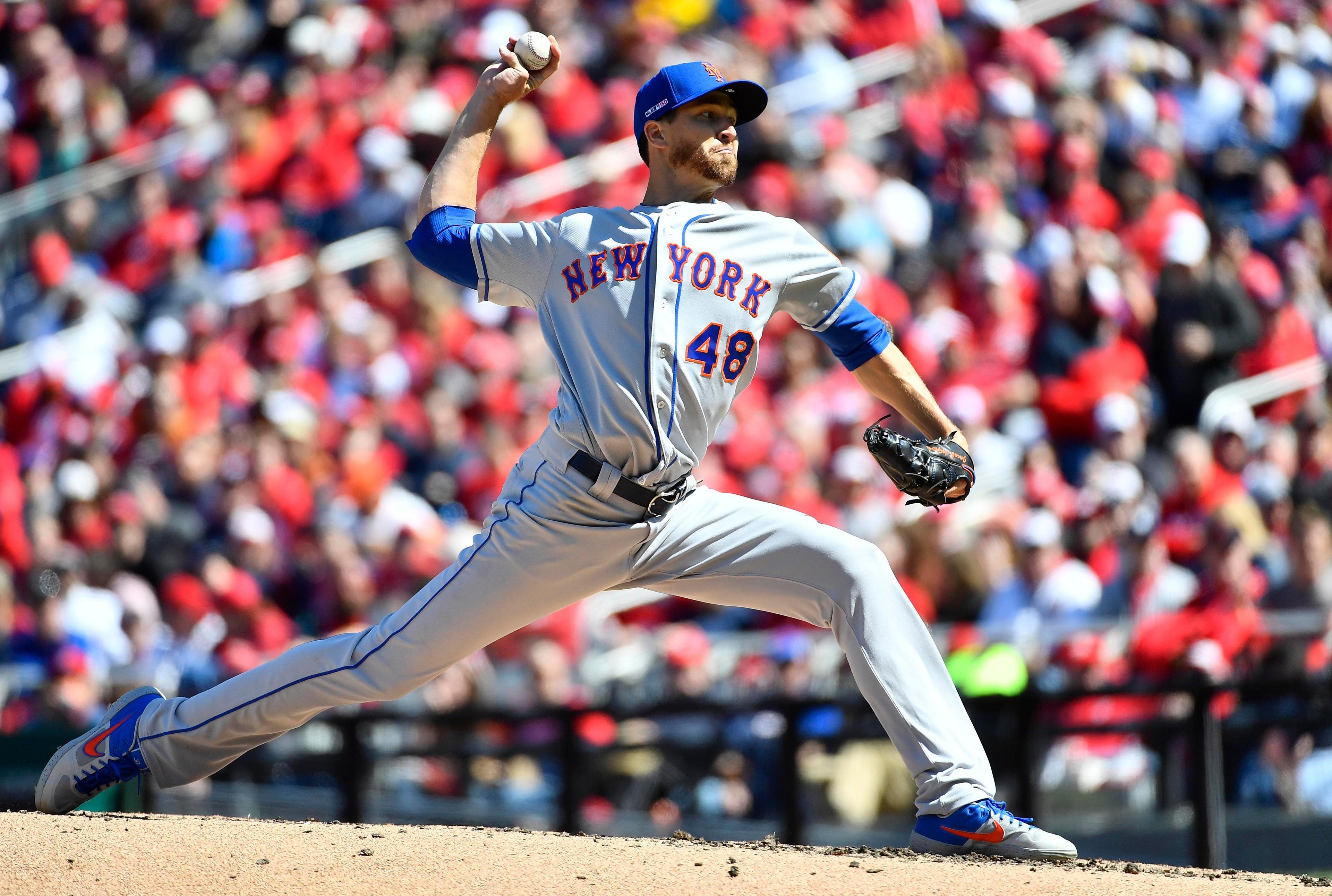 Mar 28, 2019; Washington, DC, USA; New York Mets starting pitcher Jacob deGrom (48) throws to the Washington Nationals during the fourth inning at Nationals Park. Mandatory Credit: Brad Mills-USA TODAY Sports / Brad Mills