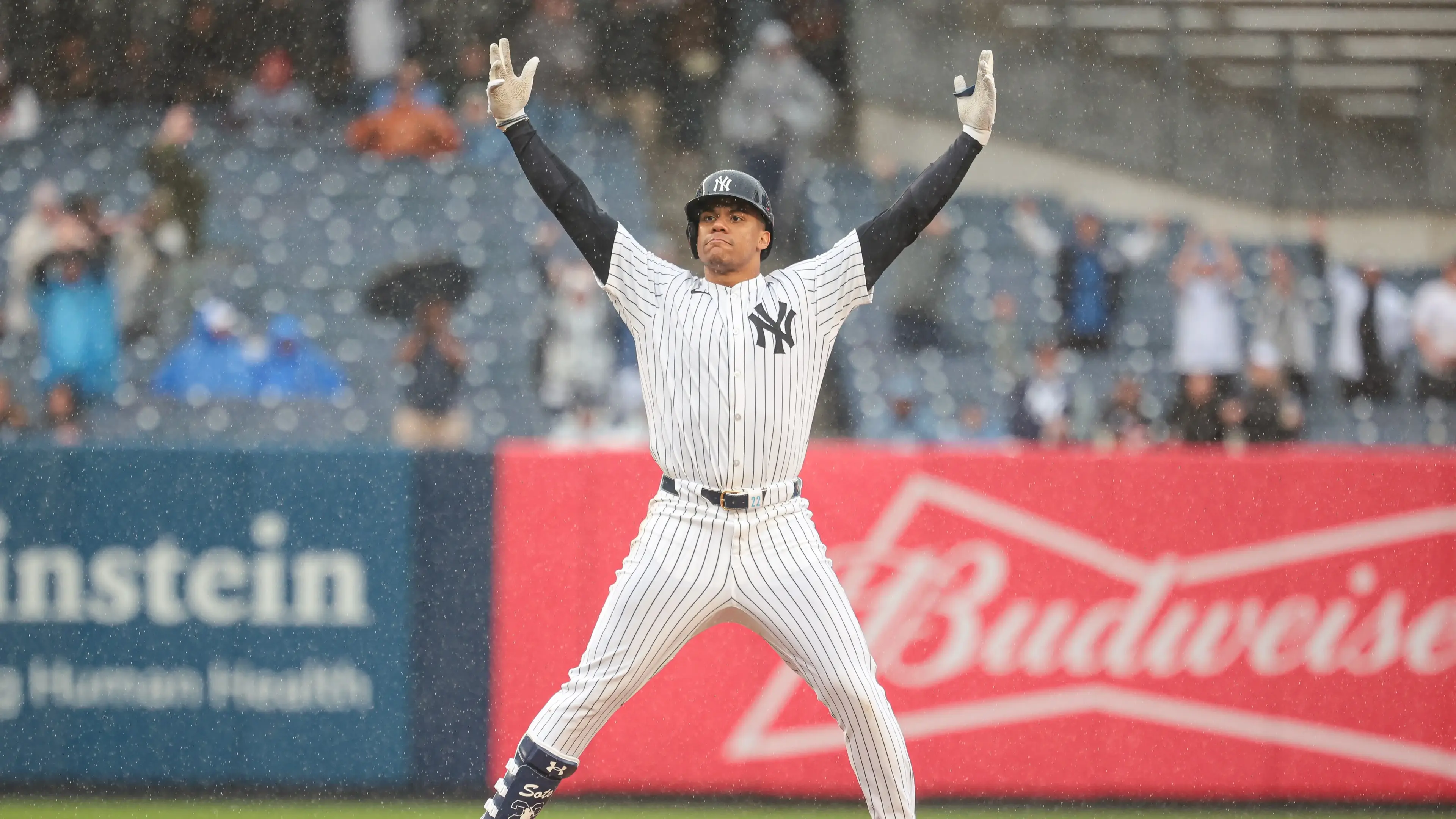 May 5, 2024; Bronx, New York, USA; New York Yankees right fielder Juan Soto (22) reacts after his three RBI double during the seventh inning against the Detroit Tigers at Yankee Stadium. Mandatory Credit: Vincent Carchietta-USA TODAY Sports / © Vincent Carchietta-USA TODAY Sports