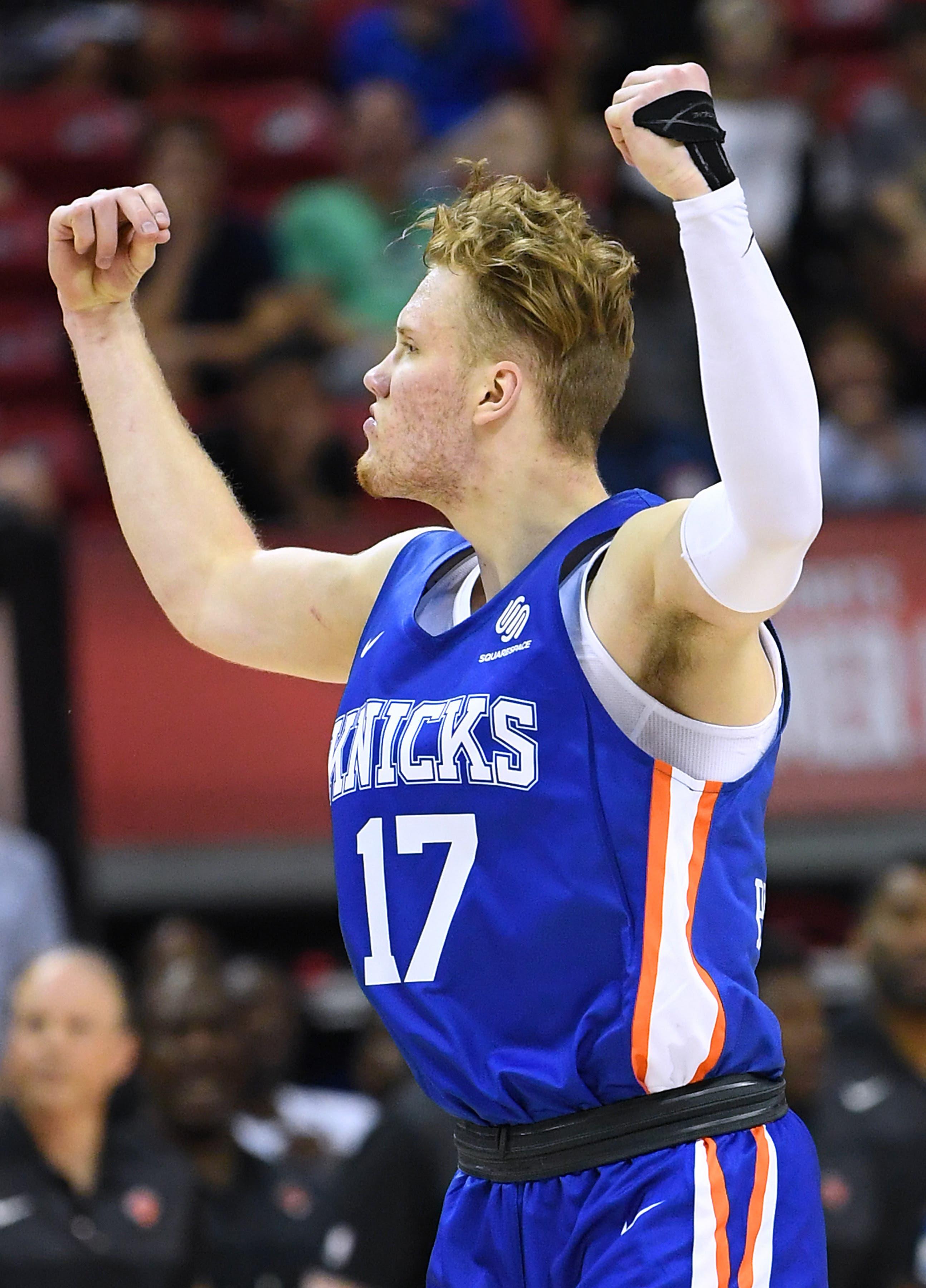 Jul 7, 2019; Las Vegas, NV, USA; New York Knicks forward Ignas Brazdeikis (17) gestures after scoring a three point basket during the second half of an NBA Summer League game against the Phoenix Suns at Thomas & Mack Center. Mandatory Credit: Stephen R. Sylvanie-USA TODAY Sports / Stephen R. Sylvanie