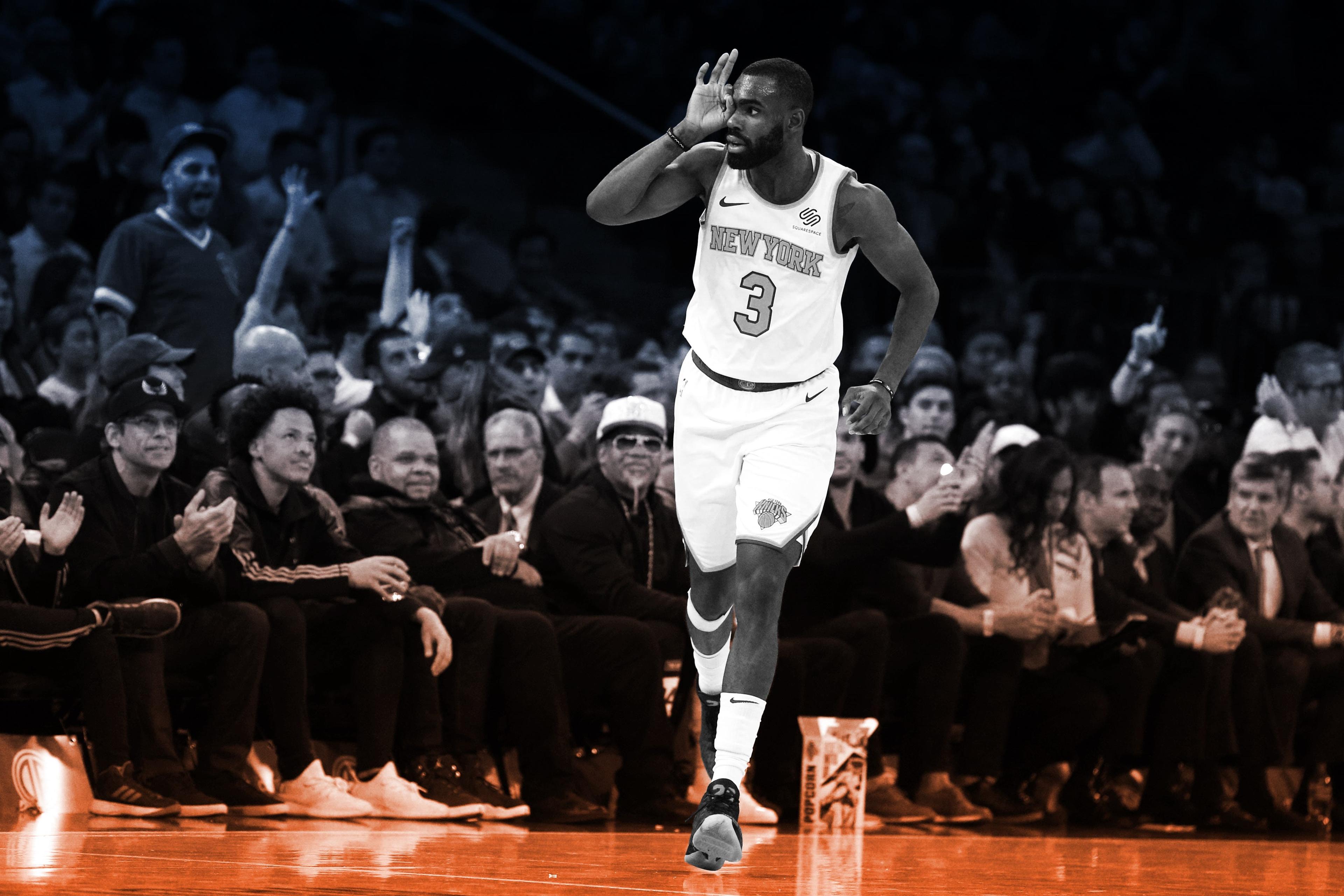 Oct 29, 2018; New York, NY, USA; New York Knicks guard Tim Hardaway Jr. (3) reacts during the third quarter against the Brooklyn Nets at Madison Square Garden. Mandatory Credit: Brad Penner-USA TODAY Sports / Brad Penner