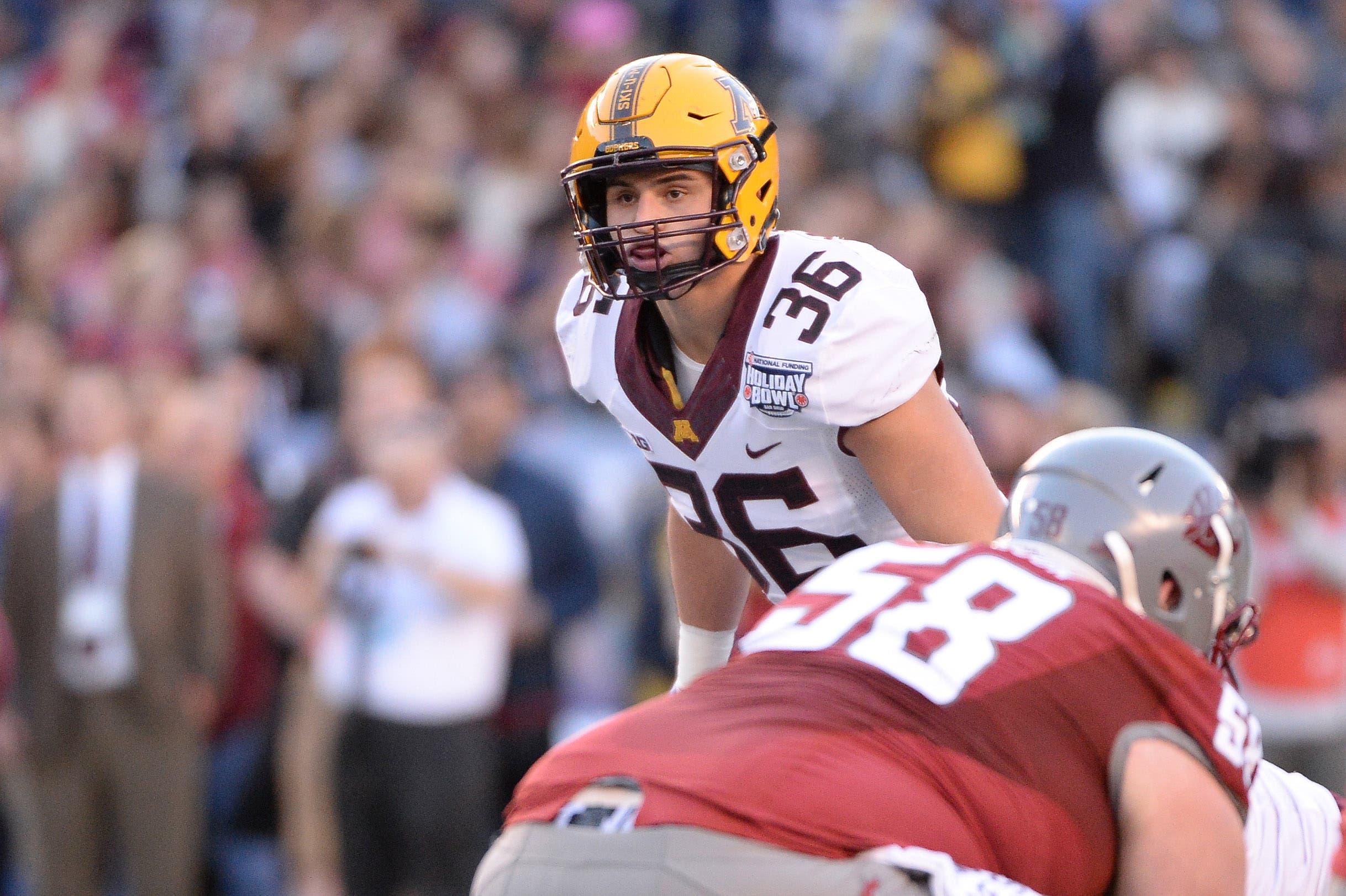 Dec 27, 2016; San Diego , CA, USA; Minnesota Golden Gophers linebacker Blake Cashman (36) looks across the Washington State Cougars line during the first half at Qualcomm Stadium. Minnesota won 17-12. Mandatory Credit: Orlando Ramirez-USA TODAY Sports / Orlando Jorge Ramirez