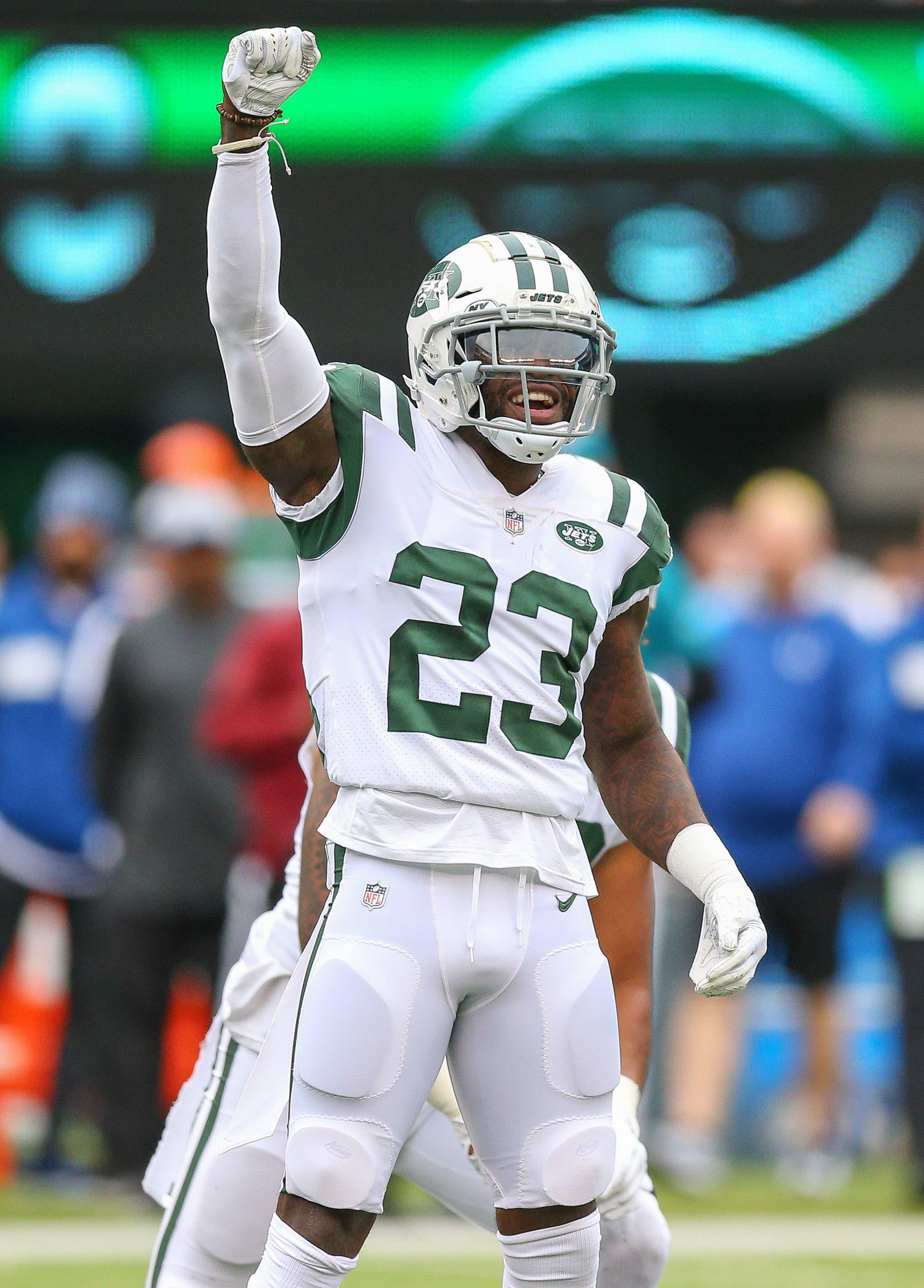 Oct 14, 2018; East Rutherford, NJ, USA; New York Jets defensive back Terrence Brooks (23) celebrates during the second half against the Indianapolis Colts at MetLife Stadium. Mandatory Credit: Vincent Carchietta-USA TODAY Sports / Vincent Carchietta