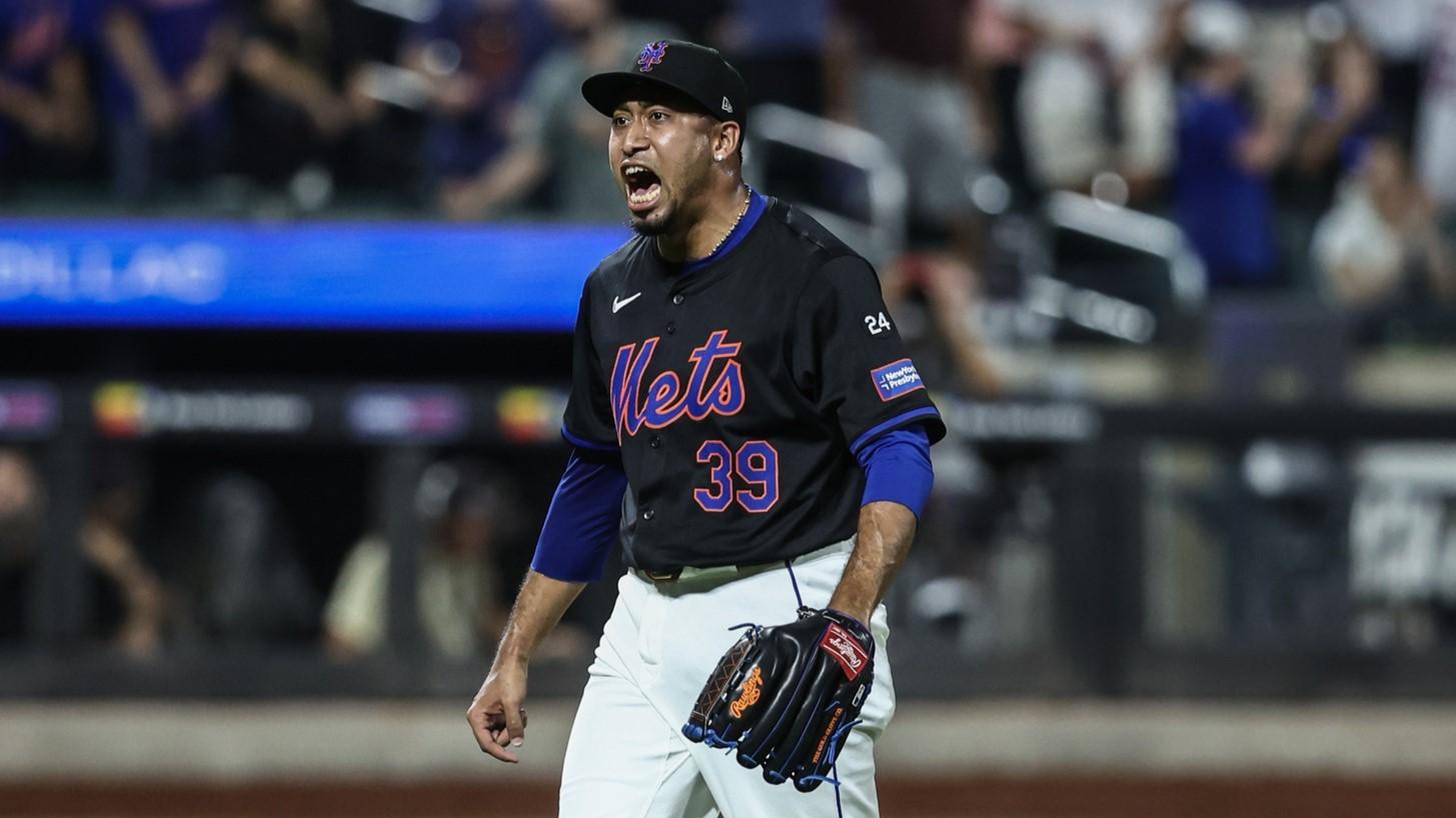 Jul 12, 2024; New York City, New York, USA; New York Mets pitcher Edwin Diaz (39) celebrates after defeating the Colorado Rockies 7-6 at Citi Field. 