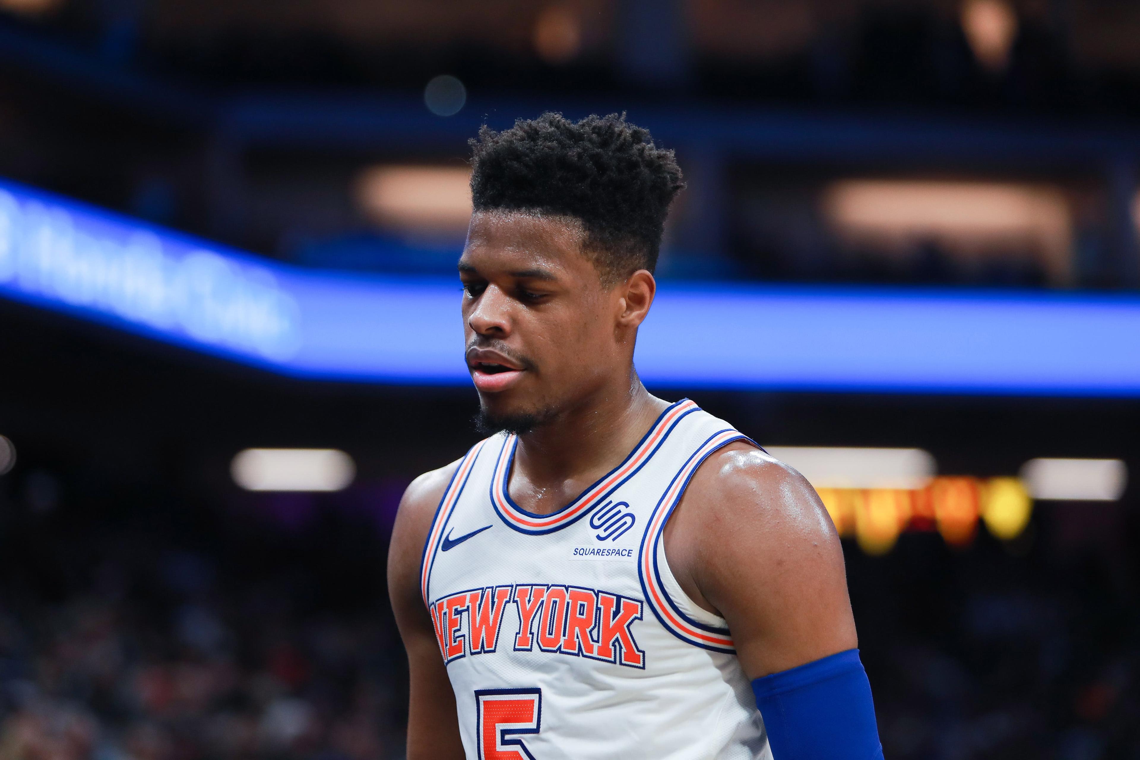 Mar 4, 2019; Sacramento, CA, USA; New York Knicks guard Dennis Smith Jr. (5) walks off the court during the third quarter against the Sacramento Kings at Golden 1 Center. Mandatory Credit: Sergio Estrada-USA TODAY Sports / Sergio Estrada