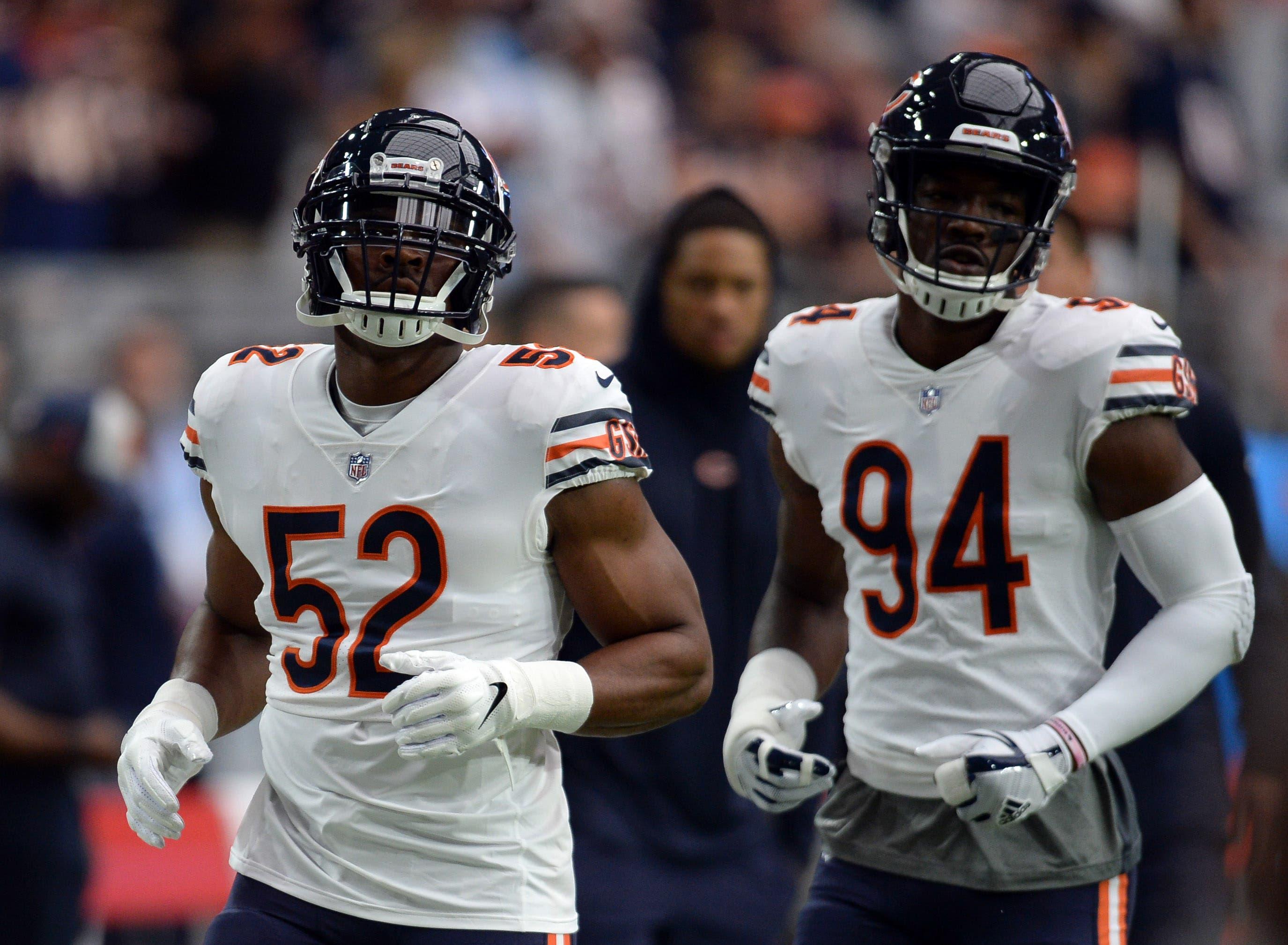 Sep 23, 2018; Glendale, AZ, USA; Chicago Bears linebacker Khalil Mack (52) and Chicago Bears linebacker Leonard Floyd (94) against the Arizona Cardinals at State Farm Stadium. Mandatory Credit: Joe Camporeale-USA TODAY Sports / Joe Camporeale