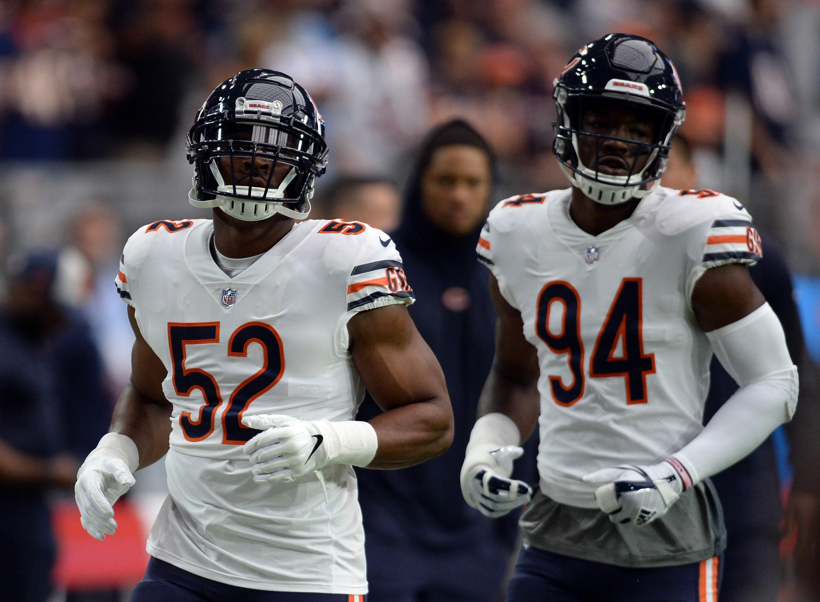 Sep 23, 2018; Glendale, AZ, USA; Chicago Bears linebacker Khalil Mack (52) and Chicago Bears linebacker Leonard Floyd (94) against the Arizona Cardinals at State Farm Stadium. Mandatory Credit: Joe Camporeale-USA TODAY Sports