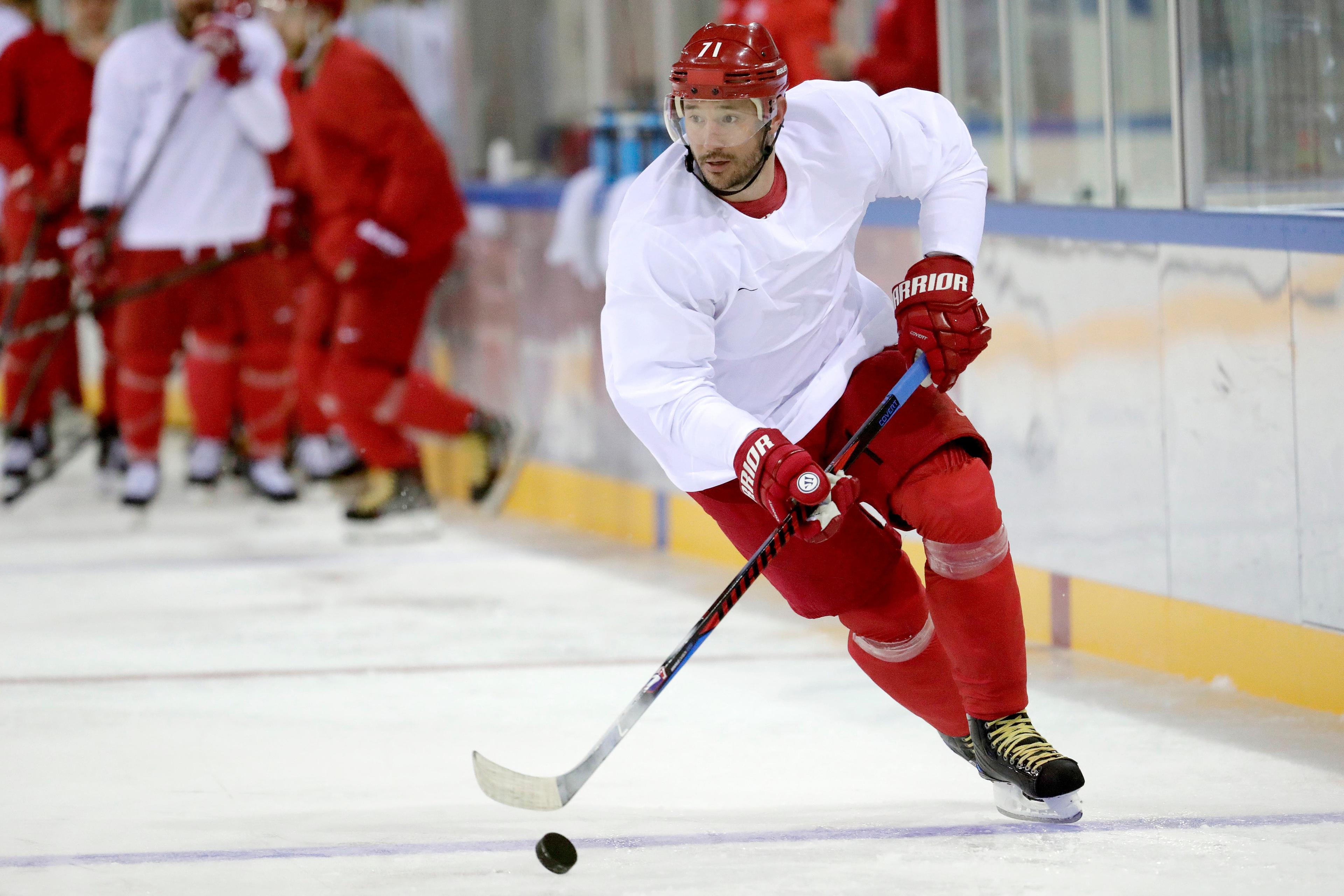 Ilya Kovalchuk, of the team from Russia, works out at the 2018 Winter Olympics in Gangneung, South Korea, Monday, Feb. 12, 2018. (AP Photo/Julio Cortez) / Julio Cortez/AP