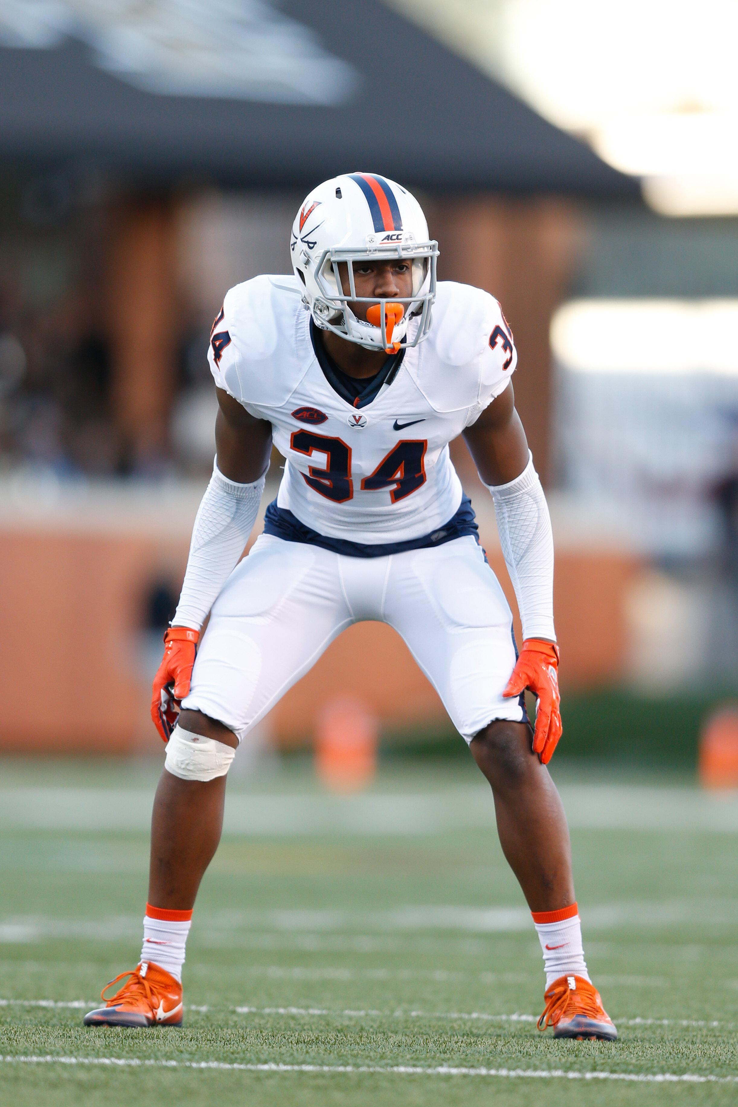 Nov 5, 2016; Winston-Salem, NC, USA; Virginia Cavaliers defensive back Bryce Hall (34) stands on the field during the second half against the Wake Forest Demon Deacons at BB&T Field. The Demon Deacons defeated the Cavaliers 27-20. Mandatory Credit: Jeremy Brevard-USA TODAY Sports