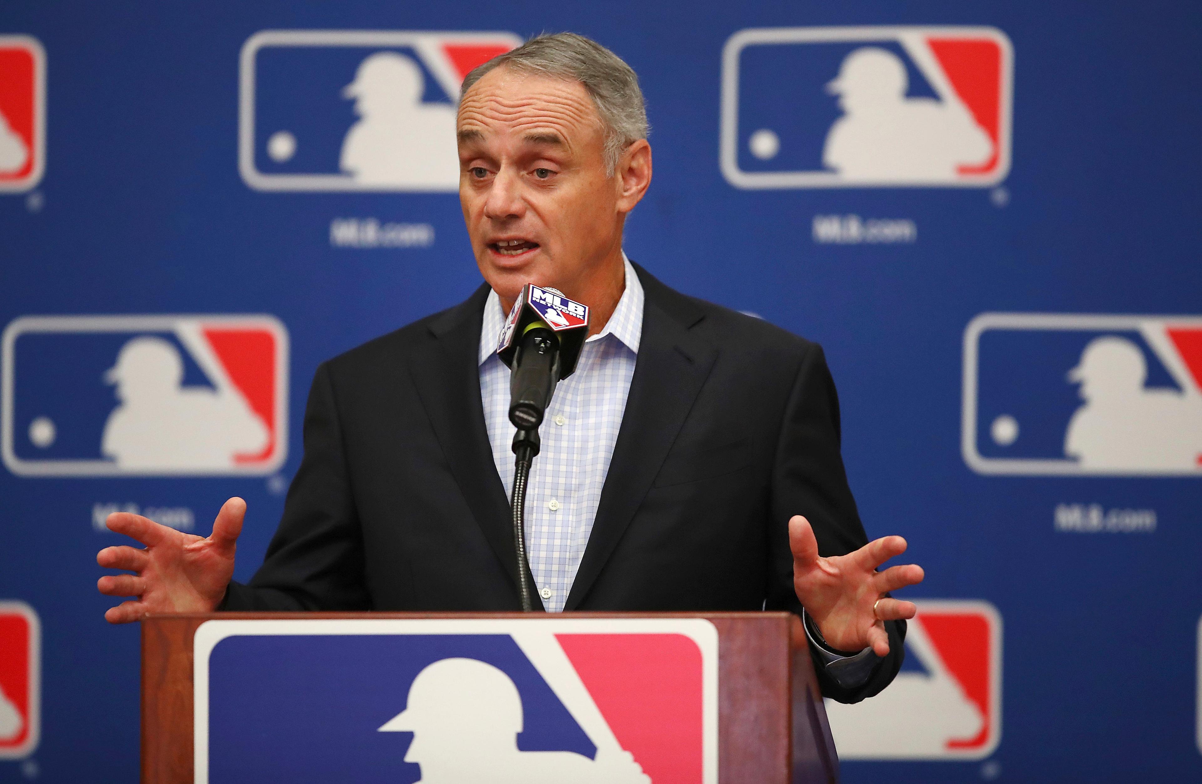 Baseball Commissioner Rob Manfred gestures while speaking during a Major League Baseball owners meeting on Tuesday, Feb. 20, 2018 in Glendale, Ariz. (AP Photo/Ben Margot) / Ben Margot/AP