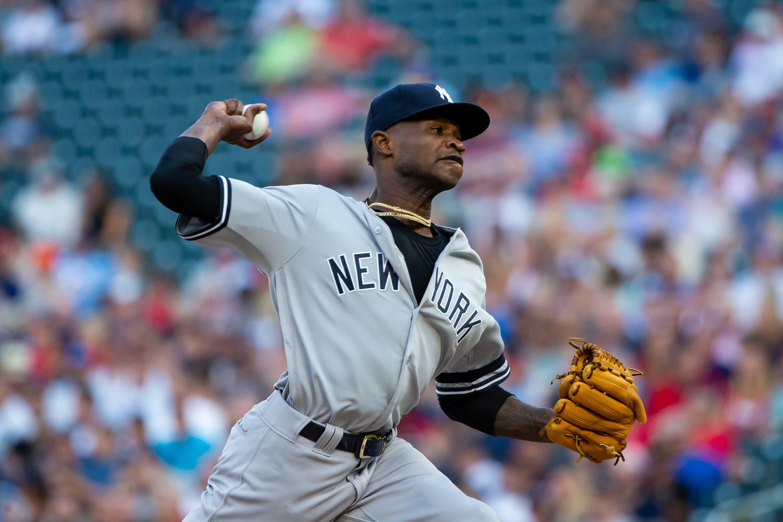 Jul 23, 2019; Minneapolis, MN, USA; New York Yankees starting pitcher Domingo German (55) pitches in the first inning against Minnesota Twins at Target Field. Mandatory Credit: Brad Rempel-USA TODAY Sports / Brad Rempel