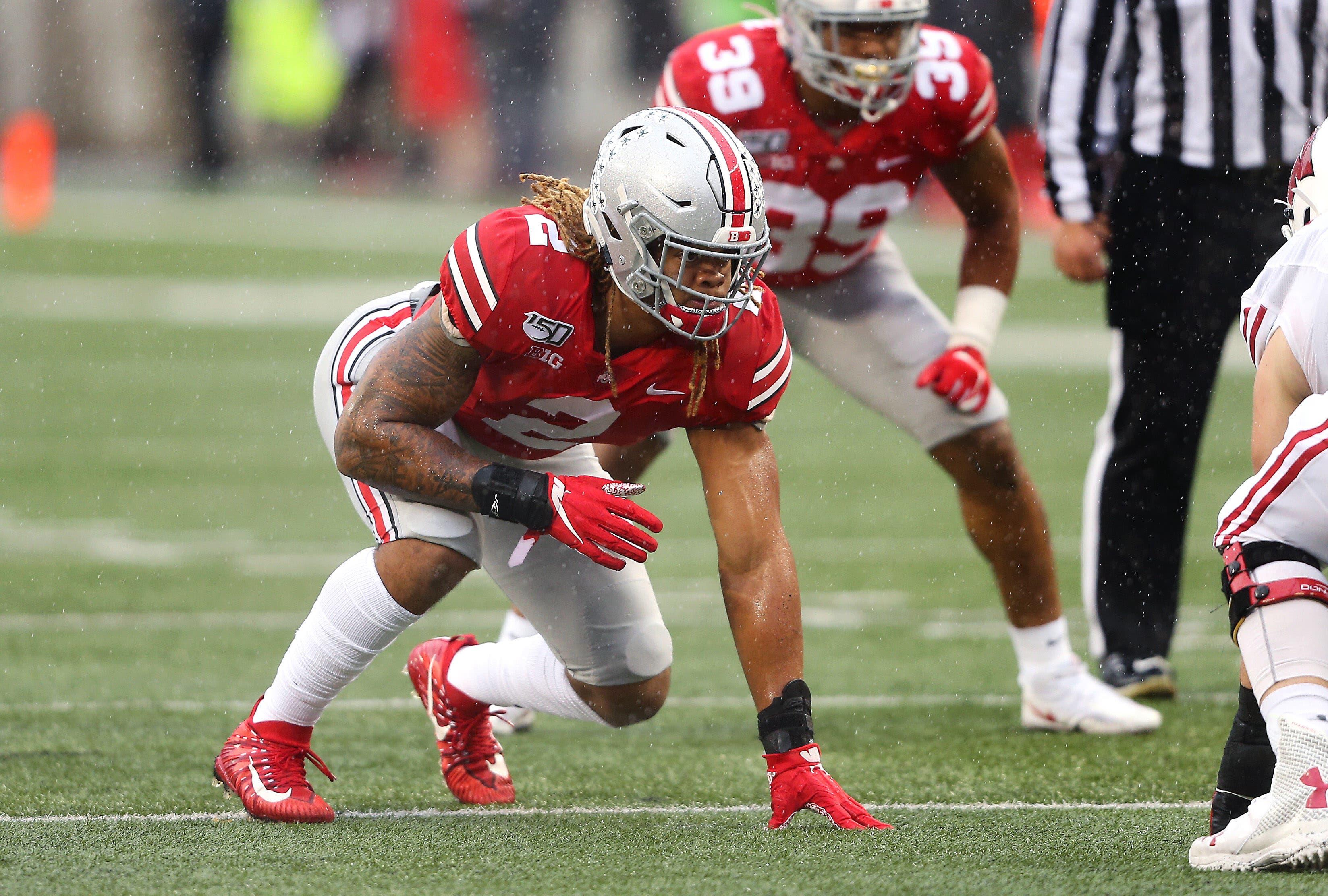 Oct 26, 2019; Columbus, OH, USA; Ohio State Buckeyes defensive end Chase Young (2) lines up during the third quarter against the Wisconsin Badgers at Ohio Stadium. Mandatory Credit: Joe Maiorana-USA TODAY Sports / Joseph Maiorana