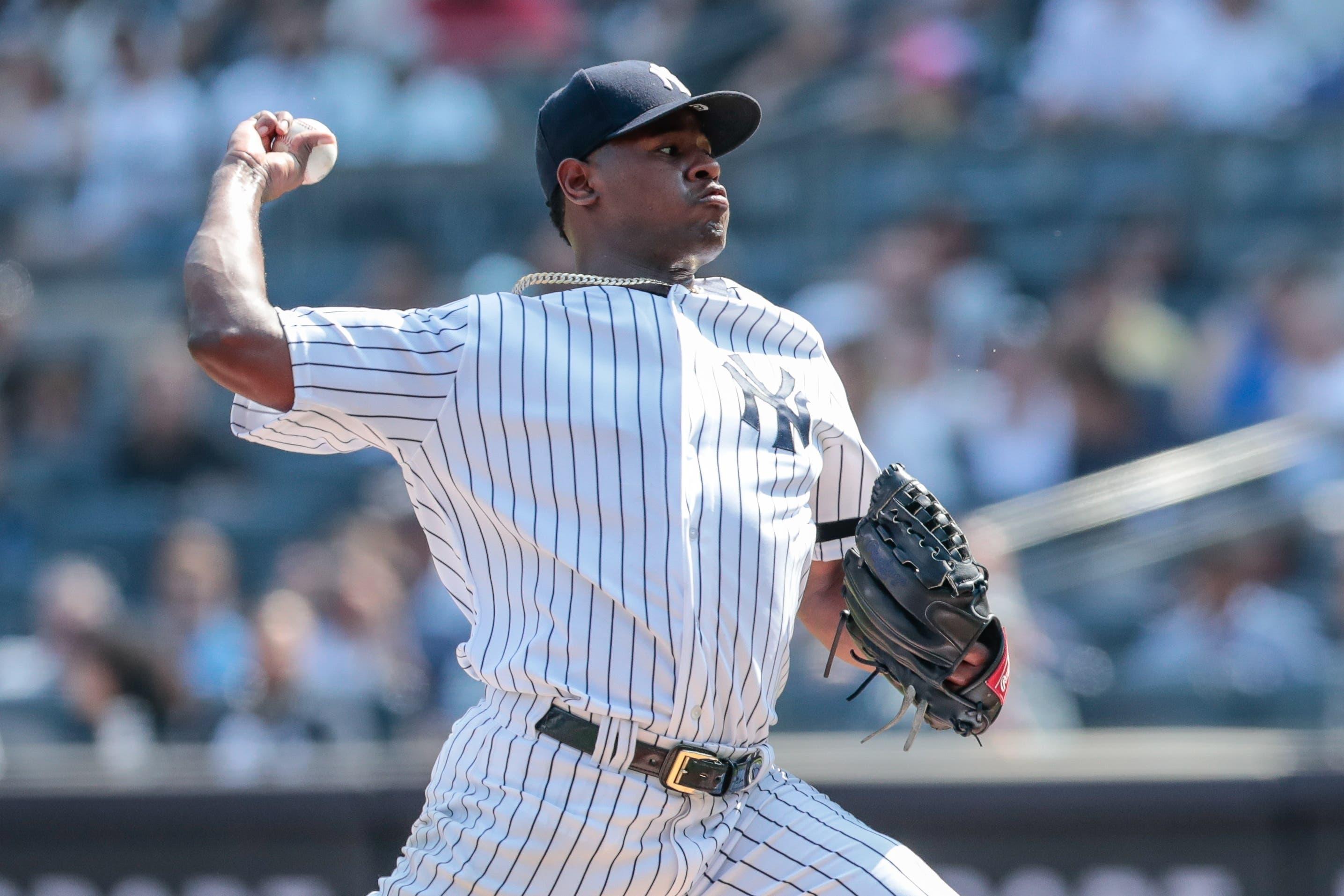 Sep 22, 2019; Bronx, NY, USA; New York Yankees starting pitcher Luis Severino (40) pitches during the first inning against the Toronto Blue Jays at Yankee Stadium. Mandatory Credit: Vincent Carchietta-USA TODAY Sports / Vincent Carchietta