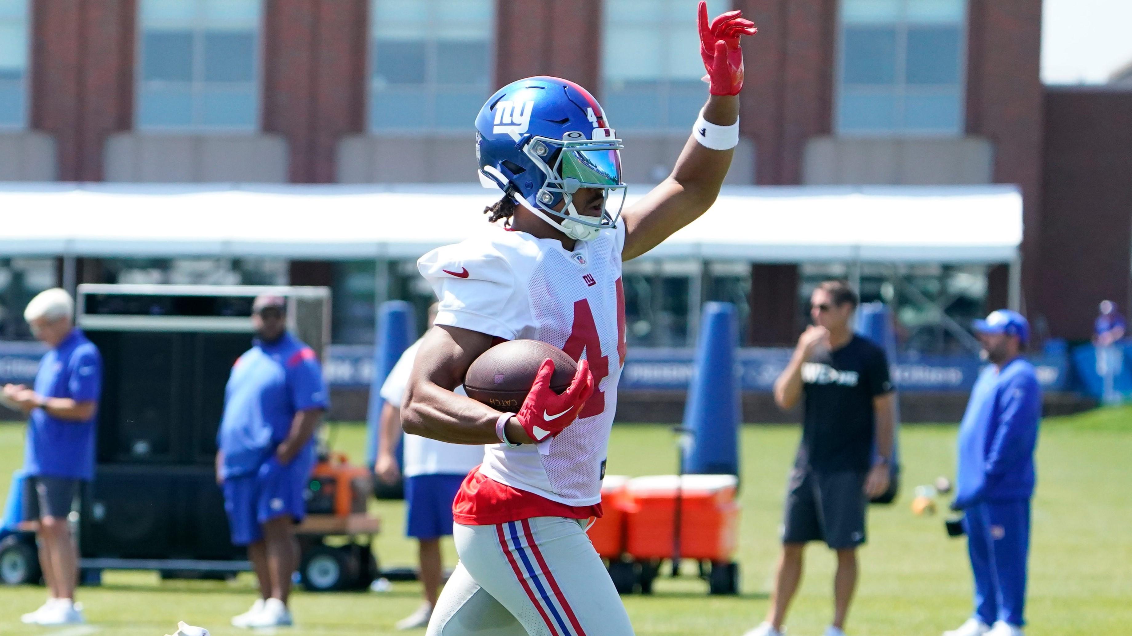 New York Giants cornerback Nick McCloud (44) celebrates a play during training camp in East Rutherford on Monday, July 31, 2023.