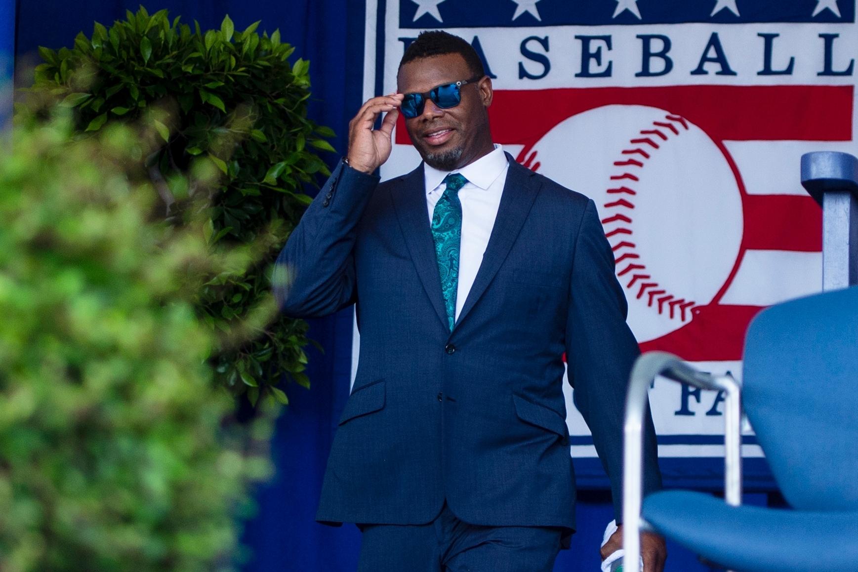 Jul 21, 2019; Cooperstown, NY, USA; Hall of Famer Ken Griffey Jr. is introduced during the 2019 National Baseball Hall of Fame induction ceremony at the Clark Sports Center. Mandatory Credit: Gregory J. Fisher-USA TODAY Sports