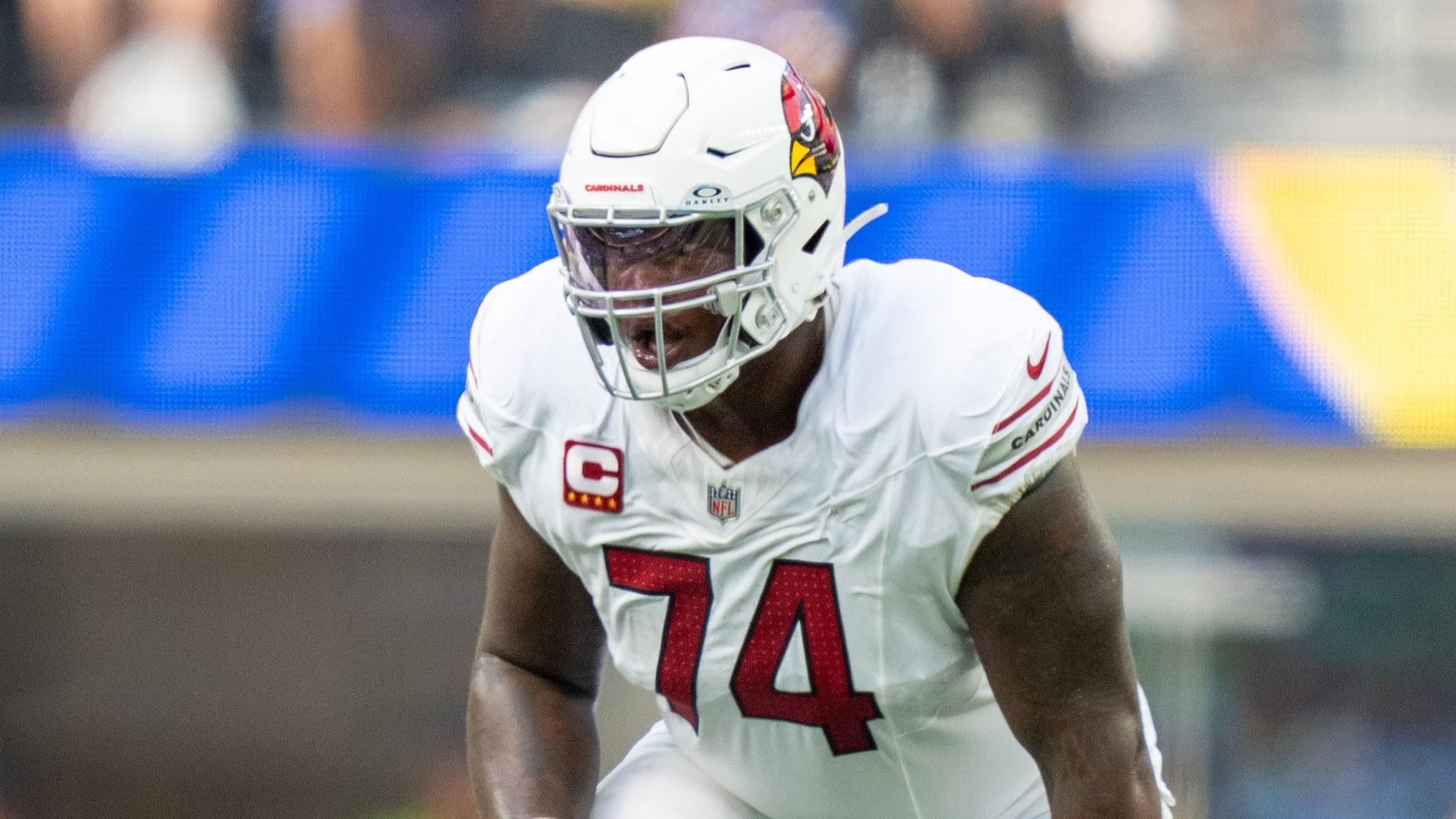 October 15, 2023; Inglewood, California, USA; Arizona Cardinals offensive tackle D.J. Humphries (74) during the first quarter against the Los Angeles Rams at SoFi Stadium. 