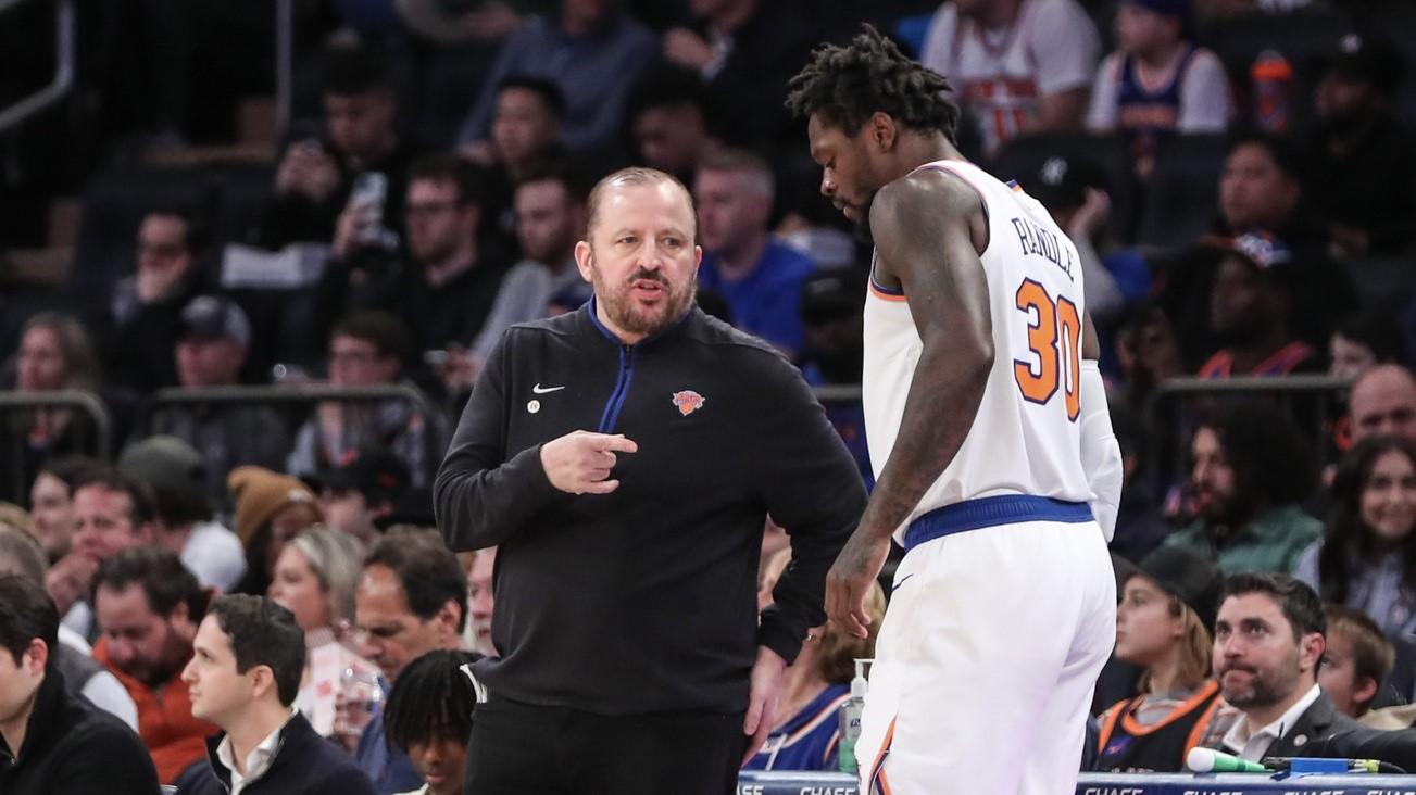 Mar 27, 2023; New York, New York, USA; New York Knicks head coach Tom Thibodeau talks with New York Knicks forward Julius Randle (30) in the first quarter against the Houston Rockets at Madison Square Garden. / Wendell Cruz-USA TODAY Sports
