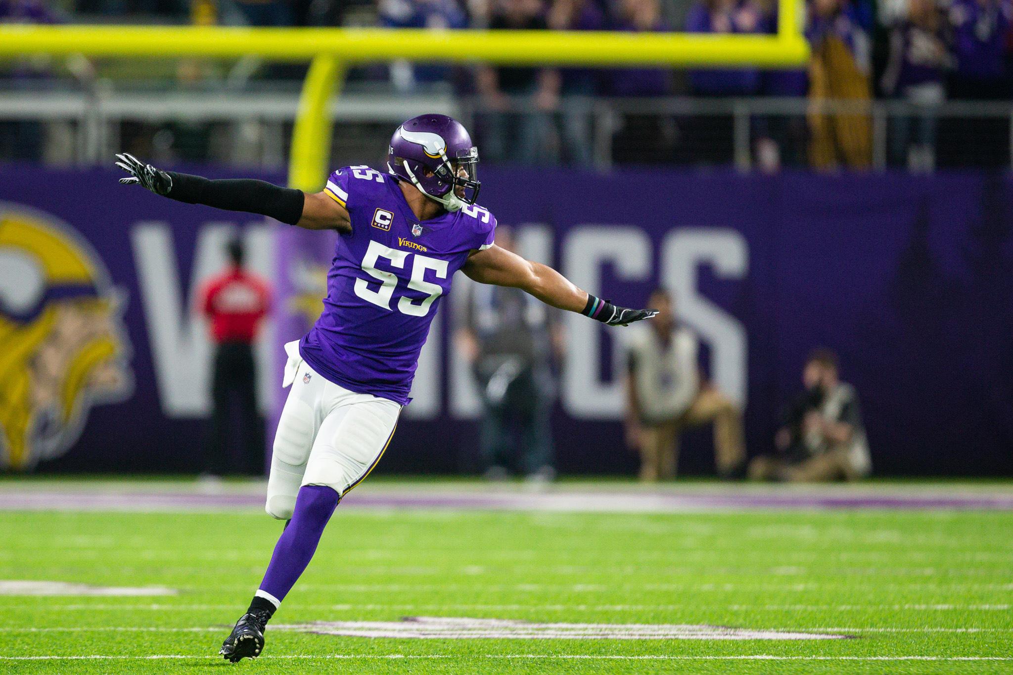 Nov 25, 2018; Minneapolis, MN, USA; Minnesota Vikings linebacker Anthony Barr (55) reacts after making a play during the third quarter against the Green Bay Packers at U.S. Bank Stadium. Mandatory Credit: Harrison Barden-USA TODAY Sports