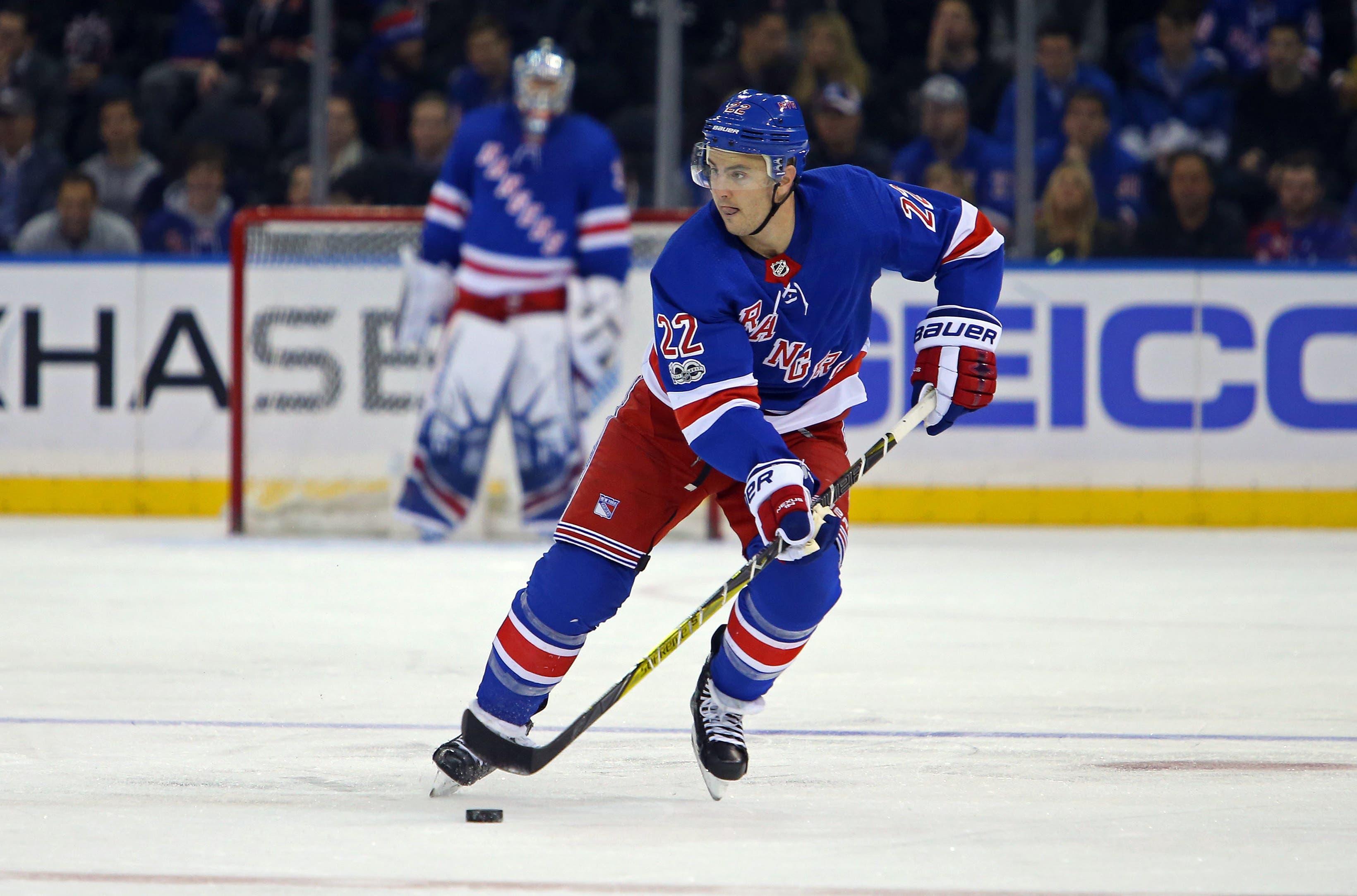 Oct 31, 2017; New York, NY, USA; New York Rangers defenseman Kevin Shattenkirk (22) skates with the puck against the Vegas Golden Knights during the second period at Madison Square Garden. Mandatory Credit: Danny Wild-USA TODAY Sports / Danny Wild