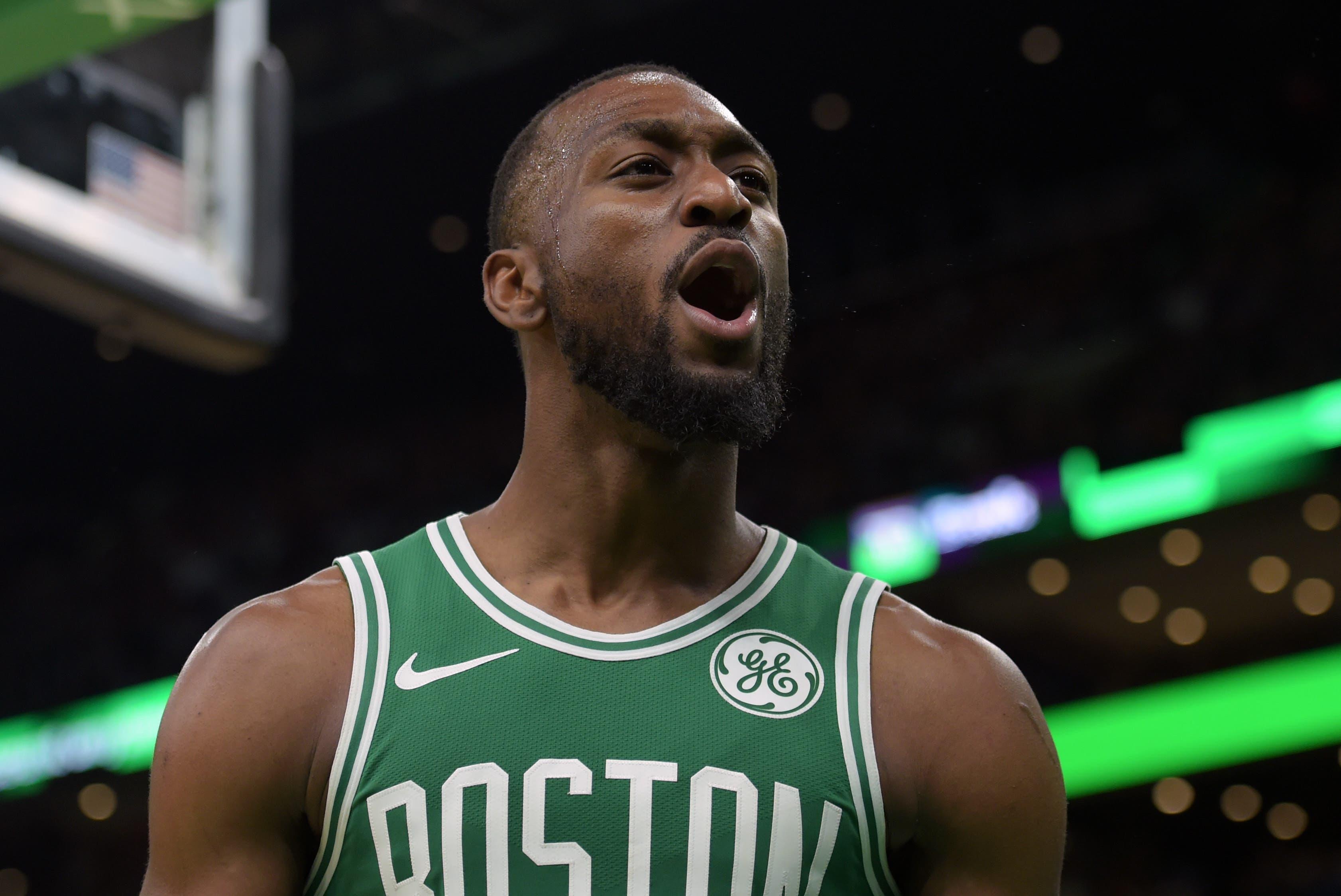 Oct 25, 2019; Boston, MA, USA; Boston Celtics guard Kemba Walker (8) reacts after getting fouled during the second half against the Toronto Raptors at TD Garden. Mandatory Credit: Bob DeChiara-USA TODAY Sports / Bob DeChiara