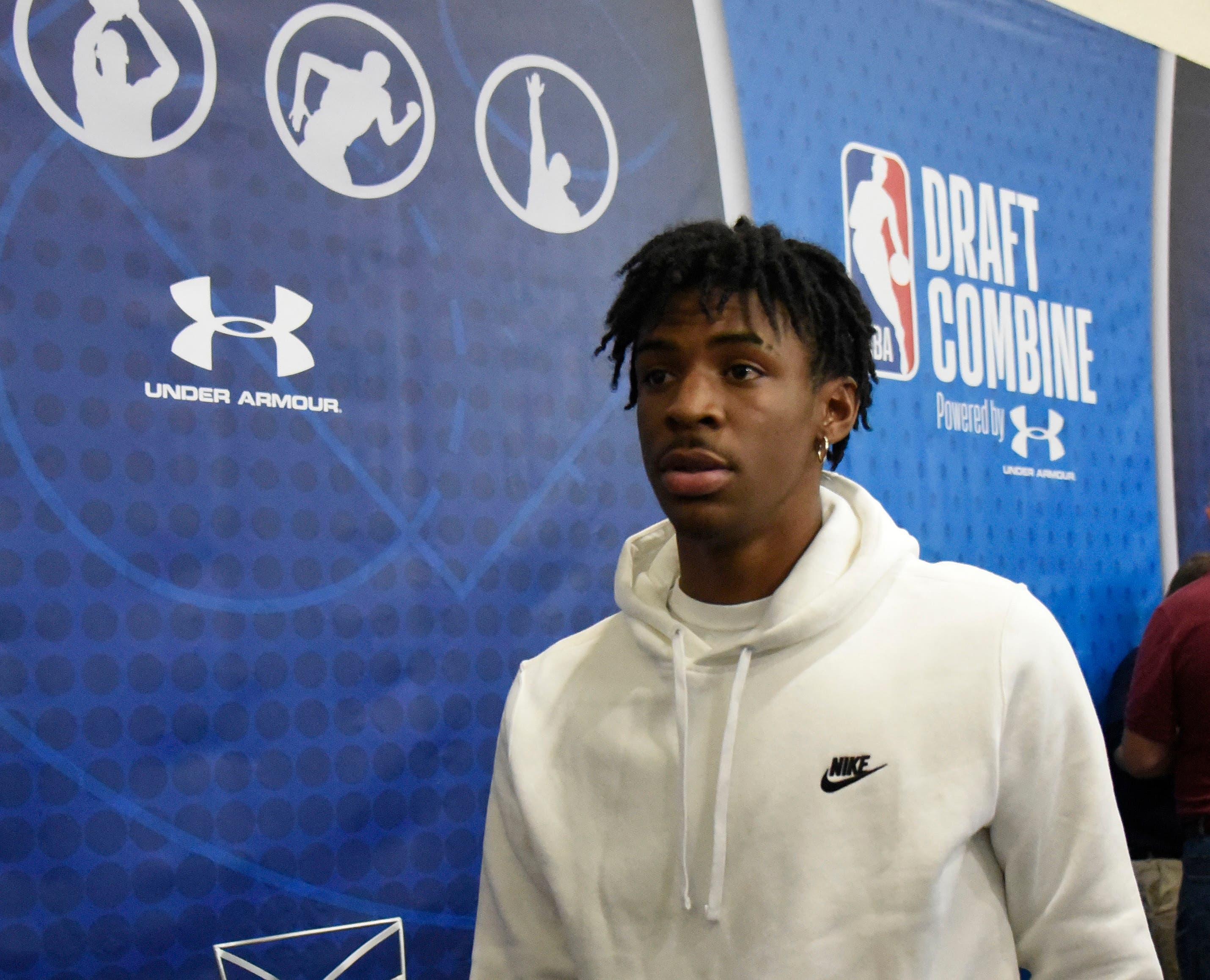 May 16, 2019; Chicago, IL, USA; Ja Morant after speaking to the media during day one of the NBA Draft Combine at Quest Multisport Complex. Mandatory Credit: David Banks-USA TODAY Sports / David Banks