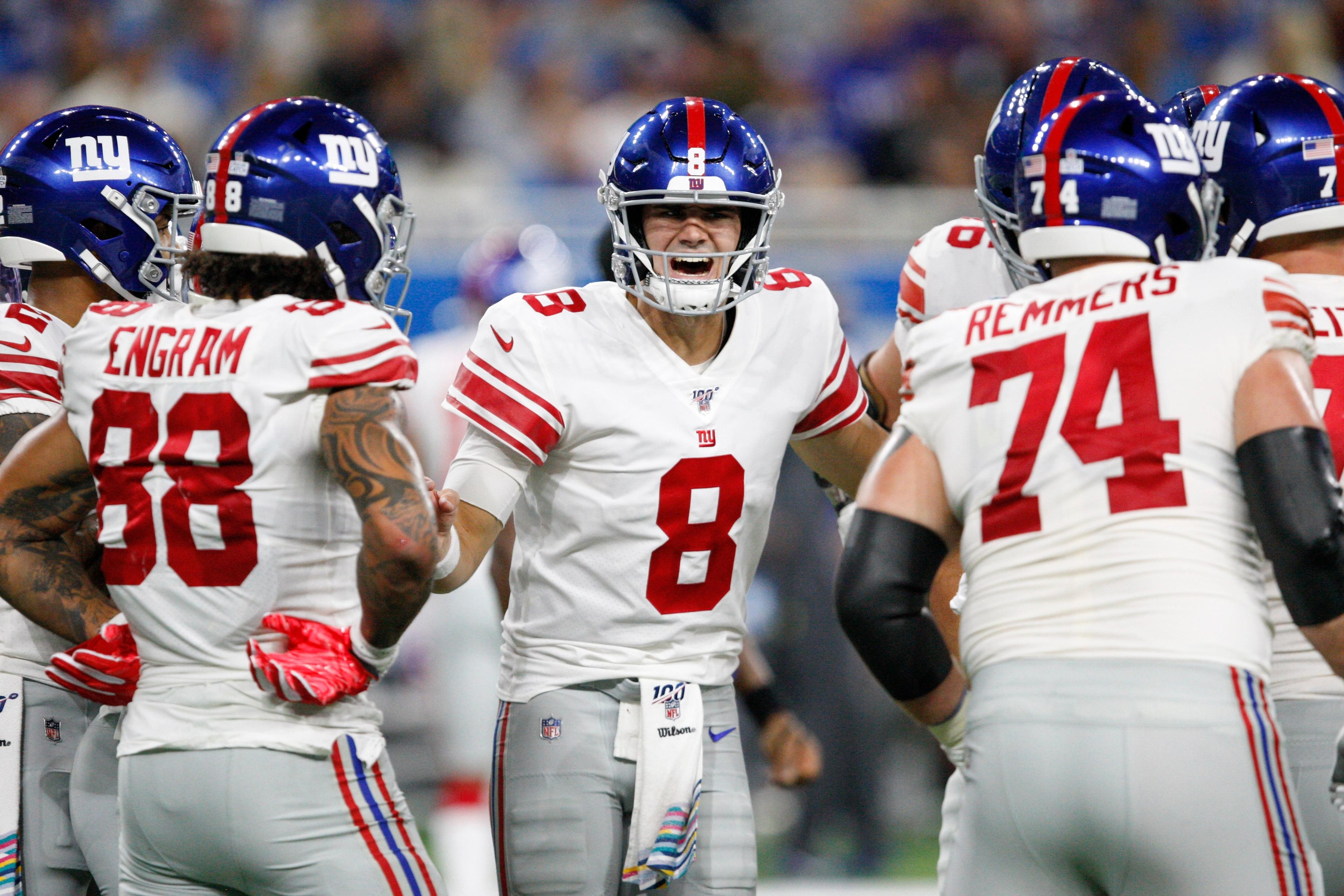 Oct 27, 2019; Detroit, MI, USA; New York Giants quarterback Daniel Jones (8) calls out a play to his team during the third quarter against the Detroit Lions at Ford Field. Mandatory Credit: Raj Mehta-USA TODAY Sports