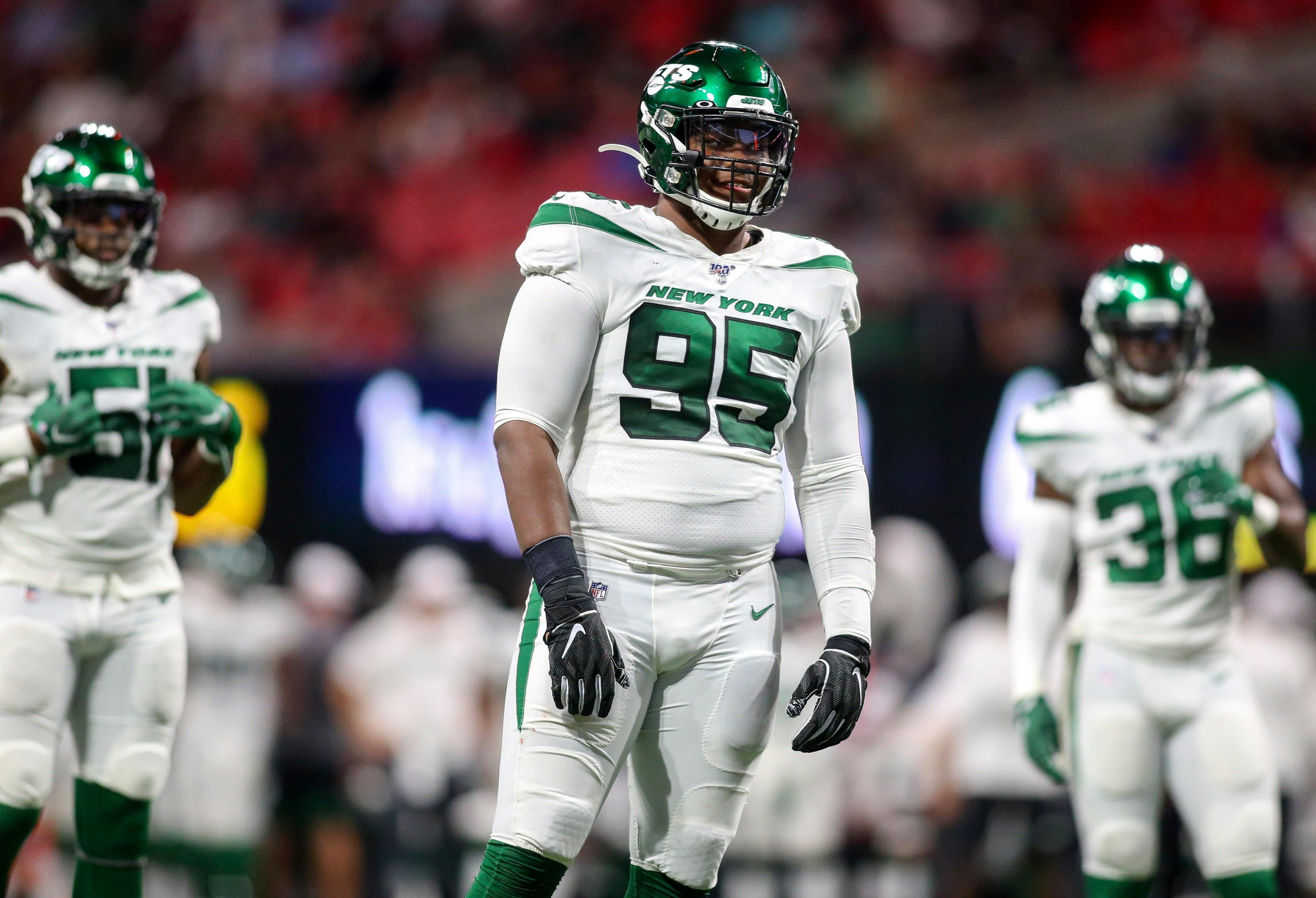 Aug 15, 2019; Atlanta, GA, USA; New York Jets defensive tackle Quinnen Williams (95) against the Atlanta Falcons in the second quarter at Mercedes-Benz Stadium. Mandatory Credit: Brett Davis-USA TODAY Sports / Brett Davis