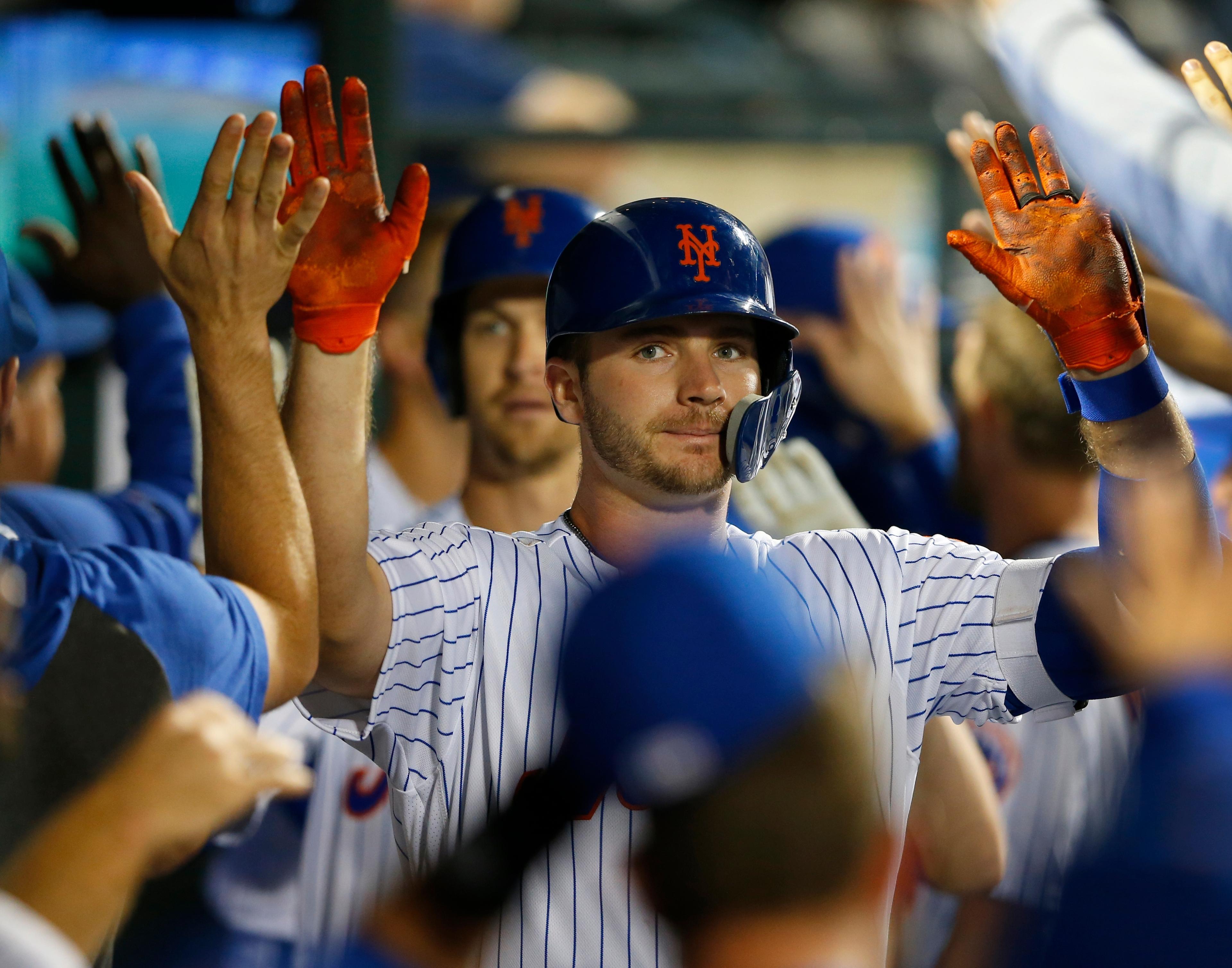 Sep 25, 2019; New York City, NY, USA; New York Mets first baseman Pete Alonso (20) celebrates in the dugout after hitting a home run in the second inning against the Miami Marlins at Citi Field. Mandatory Credit: Noah K. Murray-USA TODAY Sports

 