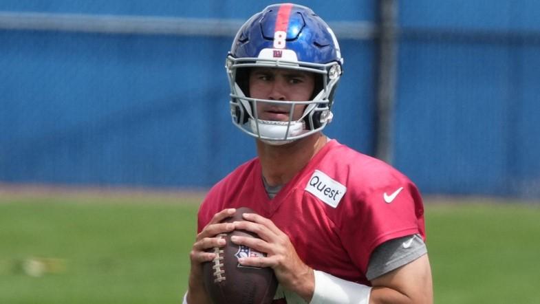 East Rutherford, NJ -- June 11, 2024 -- Quarterback, Daniel Jones at the NY Giants Mandatory Minicamp at their practice facility in East Rutherford, NJ.