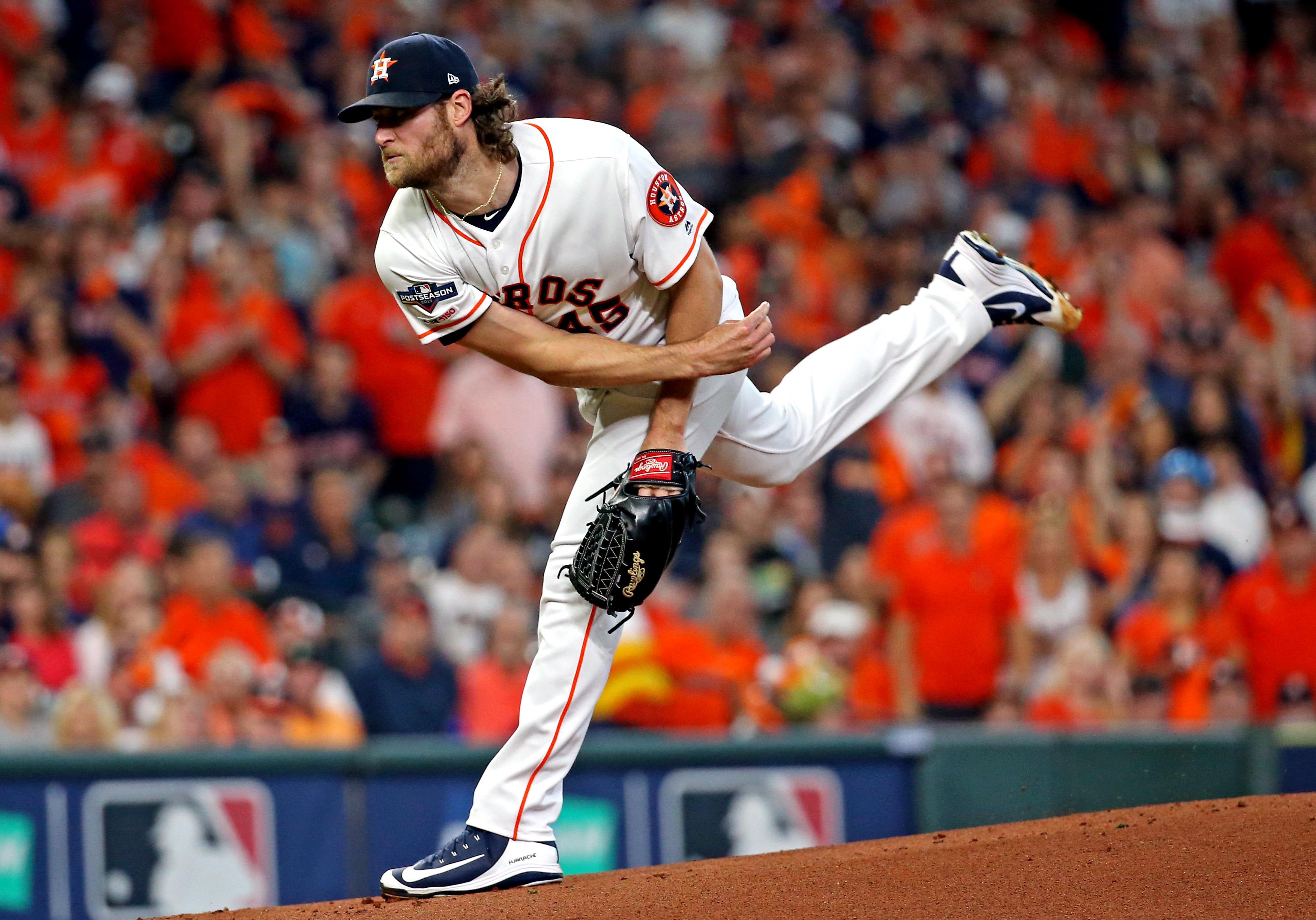 Oct 10, 2019; Houston, TX, USA; Houston Astros starting pitcher Gerrit Cole (45) pitches during the first inning against the Tampa Bay Rays in game five of the 2019 ALDS playoff baseball series at Minute Maid Park. Mandatory Credit: Troy Taormina-USA TODAY Sports