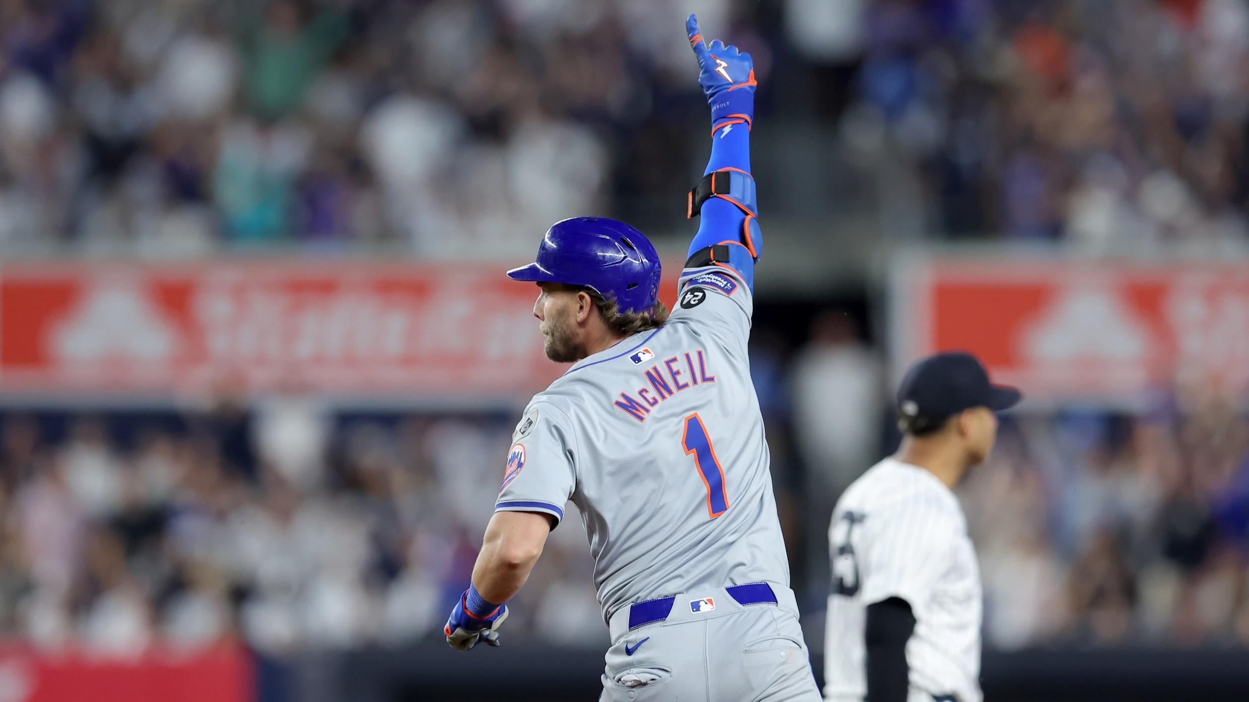Jul 23, 2024; Bronx, New York, USA; New York Mets second baseman Jeff McNeil (1) celebrates as he rounds the bases after hitting a two run home run against the New York Yankees during the sixth inning at Yankee Stadium. 
