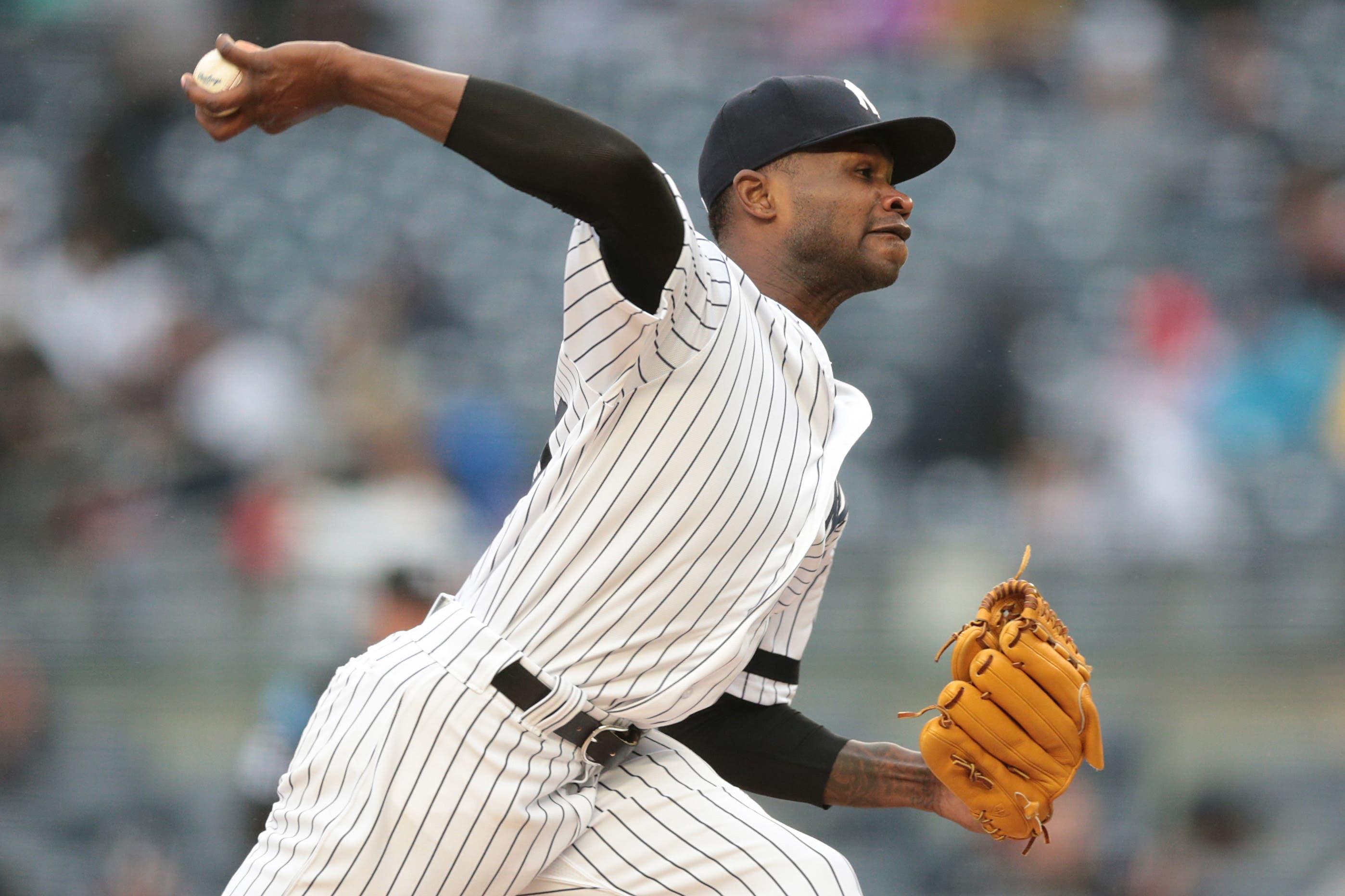 May 5, 2019; Bronx, NY, USA; New York Yankees pitcher Domingo German (55) pitches during the third inning against the Minnesota Twins at Yankee Stadium. Mandatory Credit: Vincent Carchietta-USA TODAY Sports / Vincent Carchietta