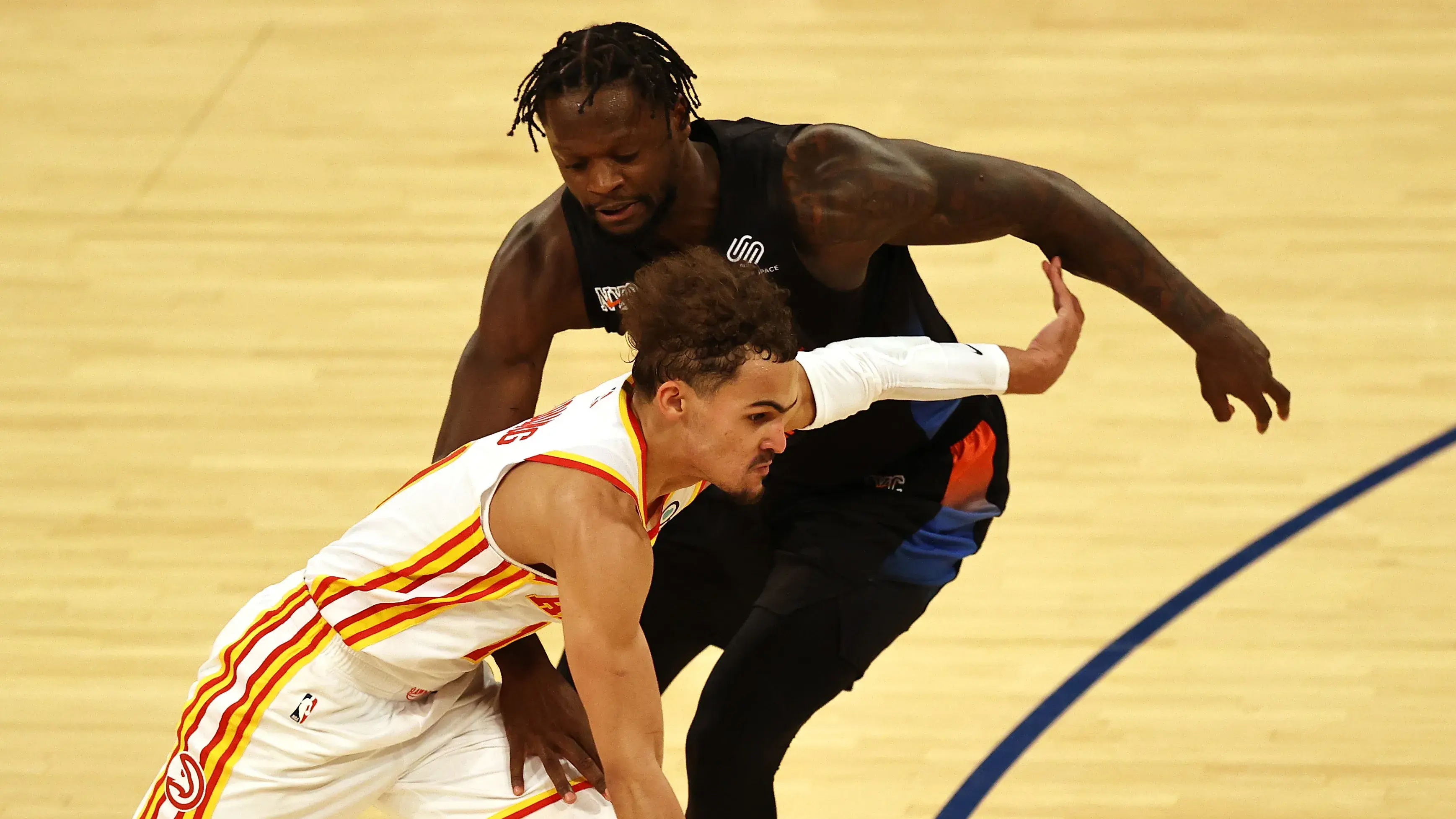 May 26, 2021; New York, New York, USA; Atlanta Hawks guard Trae Young (11) moves the ball against New York Knicks forward Julius Randle (30) during the second half of game two of the Eastern Conference quarterfinal at Madison Square Garden. Mandatory Credit: Elsa/POOL PHOTOS-USA TODAY Sports / © Elsa/POOL PHOTOS-USA TODAY Sports