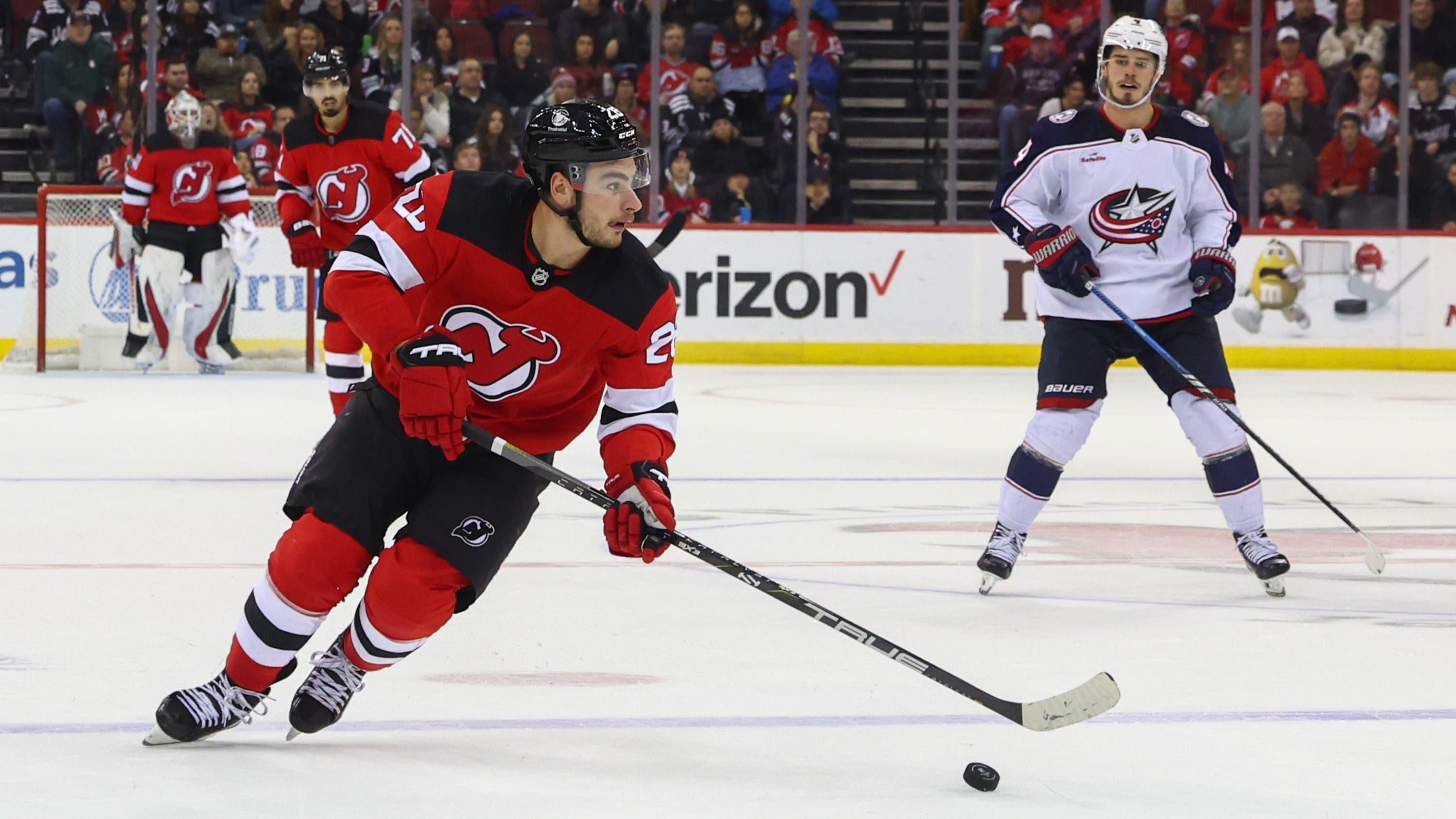 Dec 27, 2023; Newark, New Jersey, USA; New Jersey Devils right wing Timo Meier (28) skates with the puck against the Columbus Blue Jackets during the second period at Prudential Center. Mandatory Credit: Ed Mulholland-USA TODAY Sports / © Ed Mulholland-USA TODAY Sports